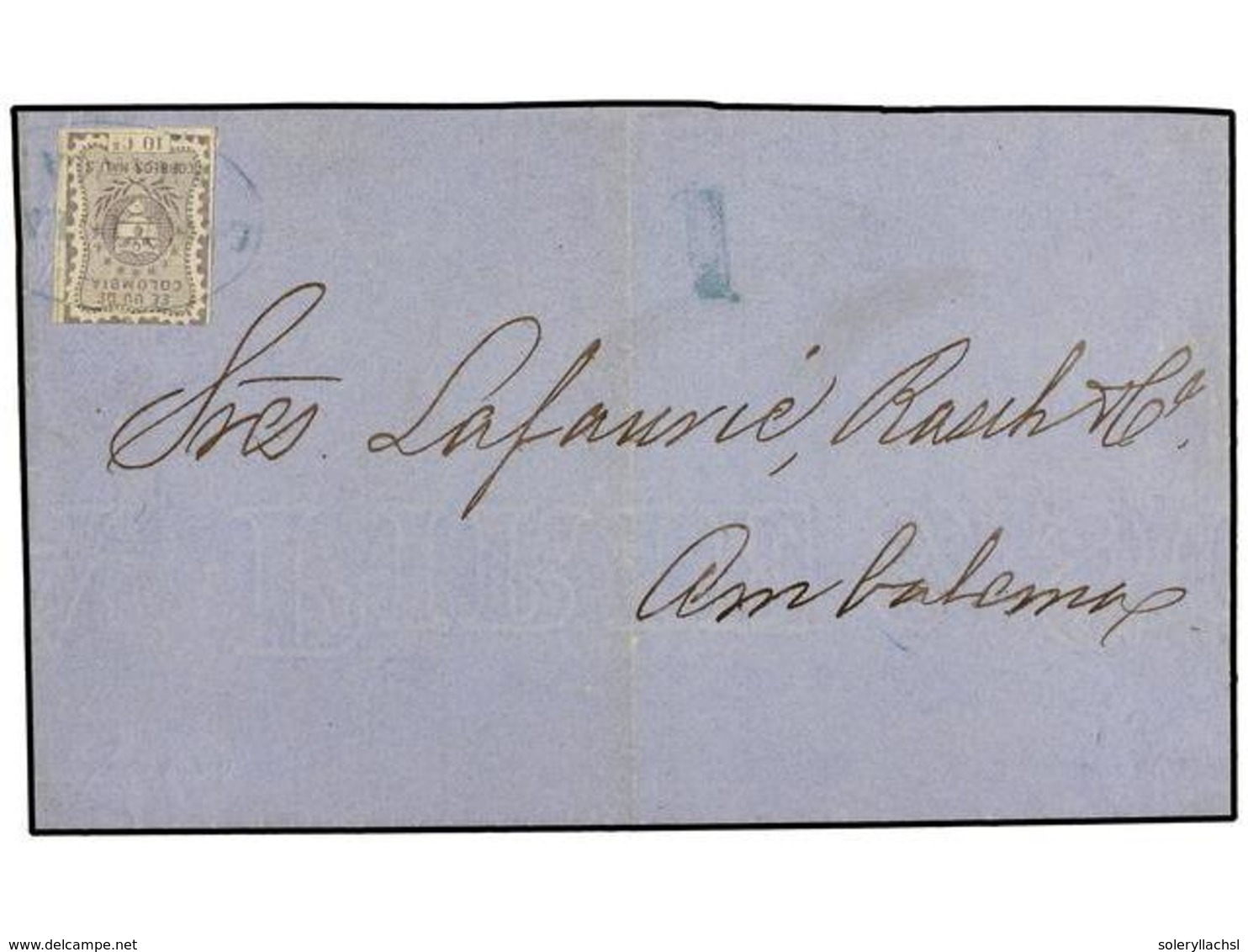 COLOMBIA. Yv.35. 1868. CARTAGENA A AMBALEMA.  10 Cts.  Lila Gris, Mat. Ovalado  CARTAGENA/FRANCA  En Azul. - Andere & Zonder Classificatie