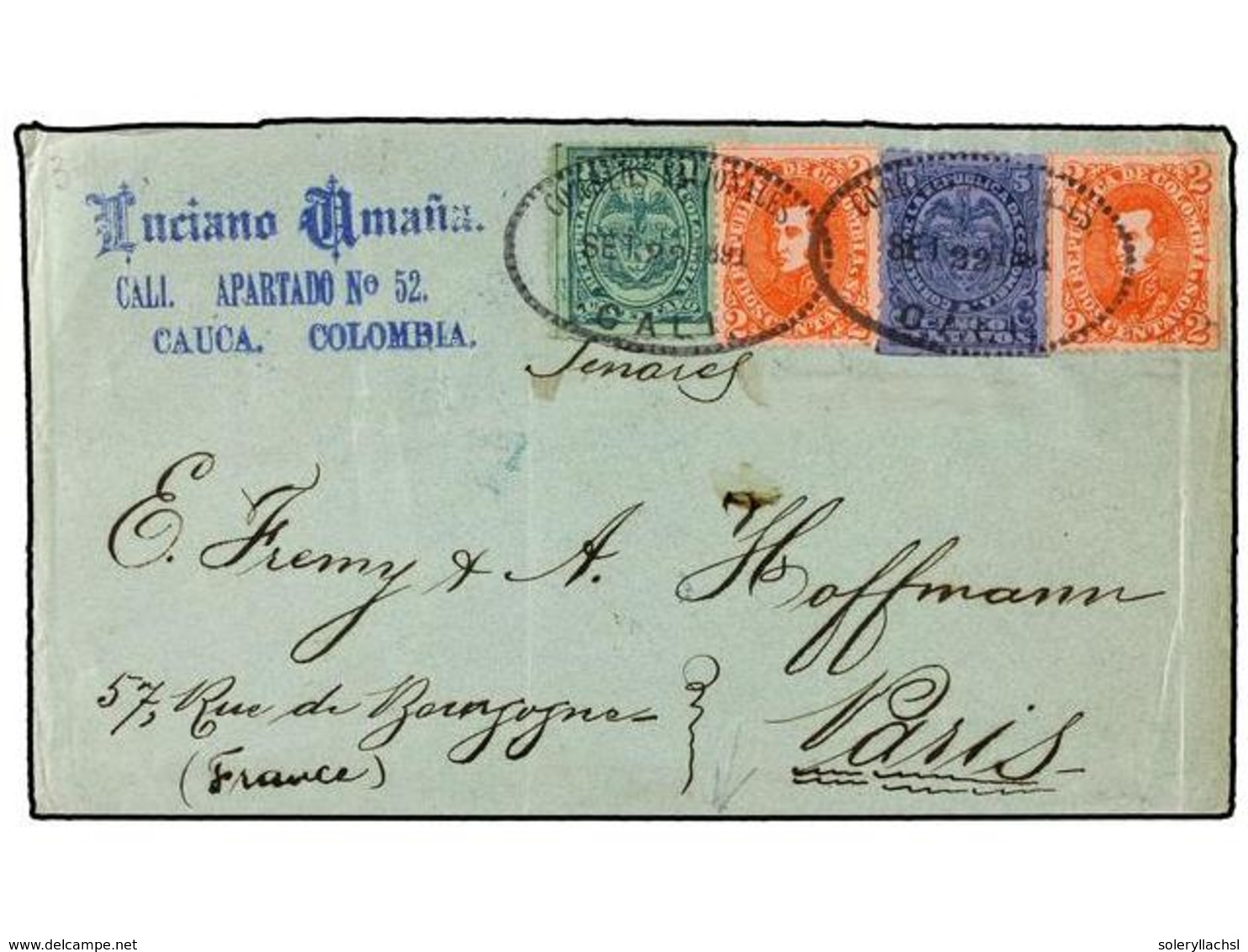 COLOMBIA. 1891. CALI A PARÍS.  1 Ctvo. ,  2 Ctvos.  (2),  5 Ctvos.  Precioso Franqueo, Al Dorso Llegada. - Autres & Non Classés