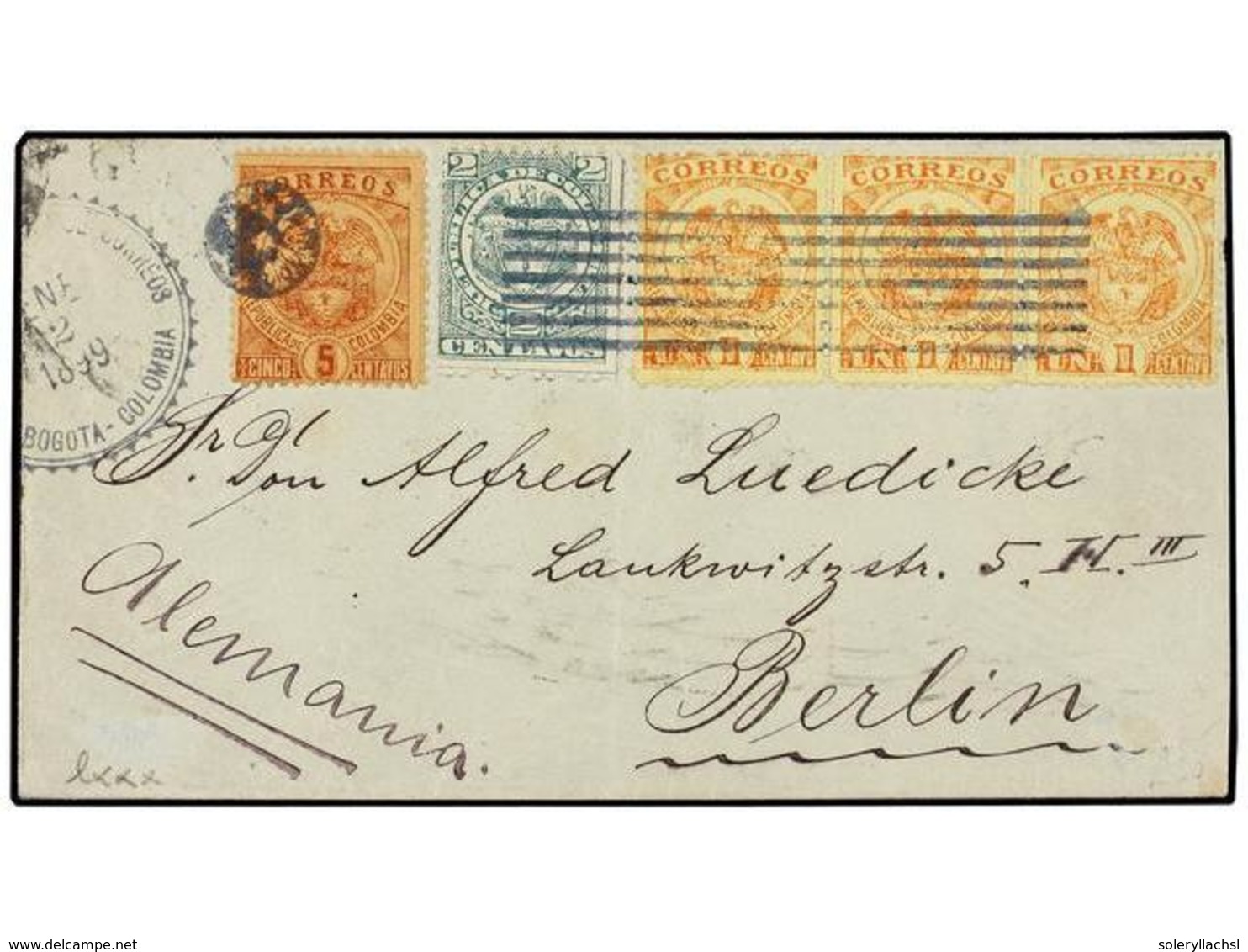 COLOMBIA. 1899. BOGOTA A BERLÍN.  1 Ctvo.  (3),  2 Ctvos.  Y  5 Ctvos.  Magnífico Franqueo, Llegada Al Dorso. - Sonstige & Ohne Zuordnung