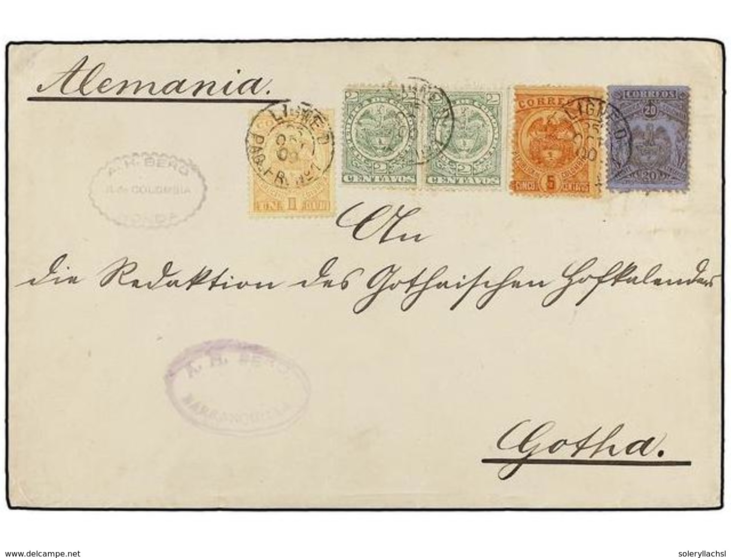 COLOMBIA. Sc.148, 150 (2), 152, 154. 1900. BARRANQUILLA A ALEMANIA.  1 Ctvo.  Amarillo,  2 Ctvos.  Verde (2),  5 Ctvos.  - Sonstige & Ohne Zuordnung