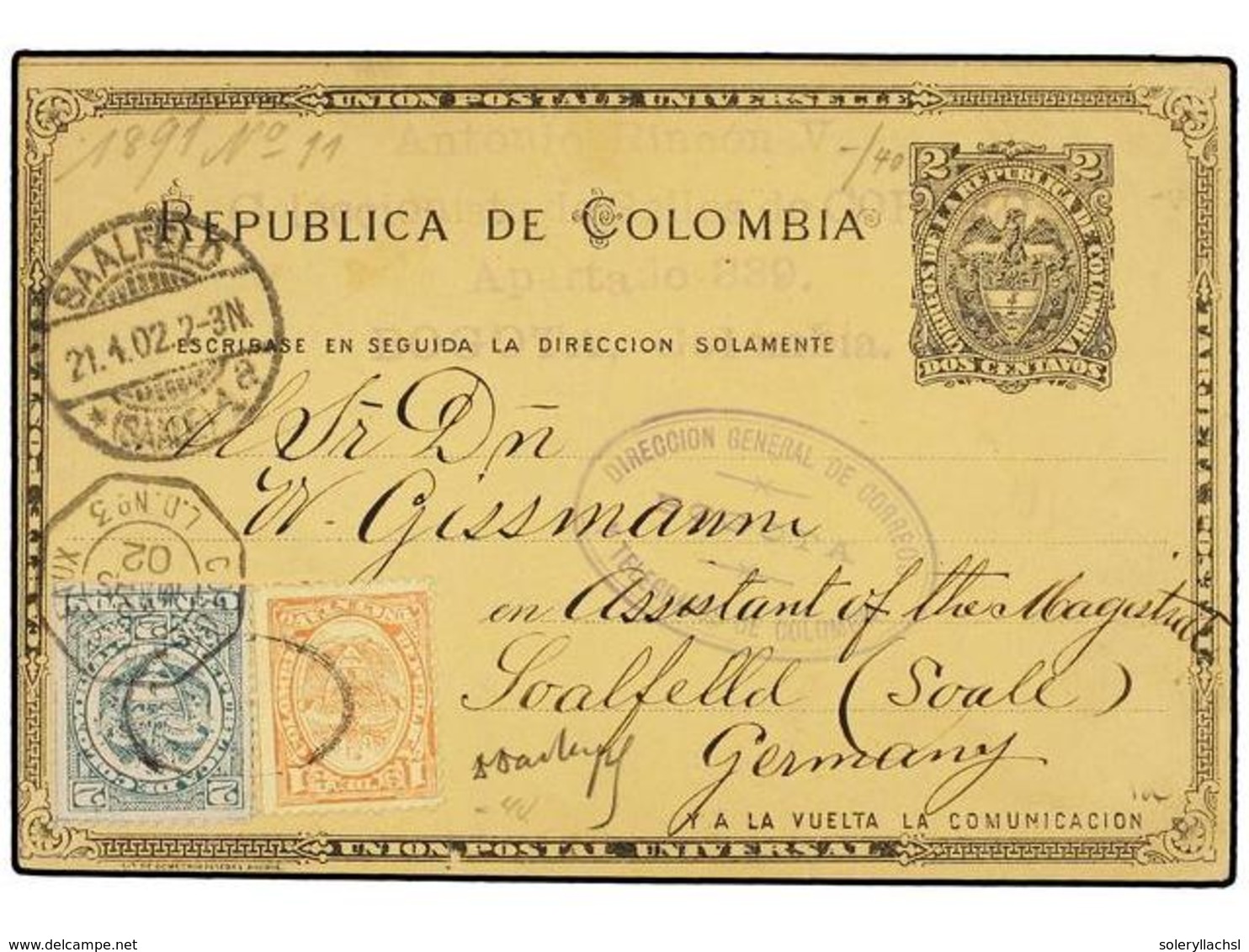 COLOMBIA. 1902. BOGOTÁ A ALEMANIA. Entero Postal De  2 Ctvos.  Negro Con Franqueo Adicional De  1 Ctvo.  Y  2 Ctvos. - Altri & Non Classificati