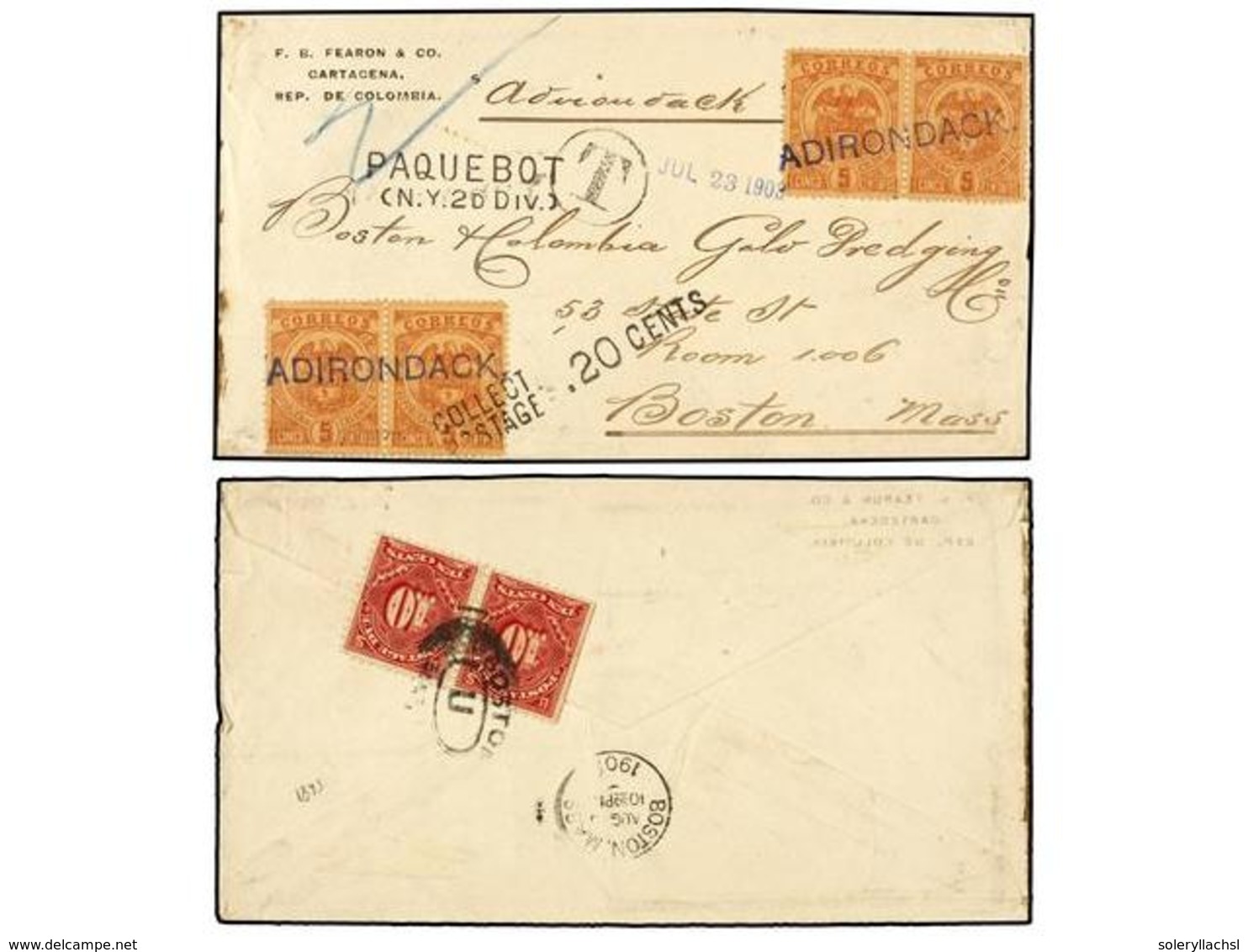 COLOMBIA. Sc.163 (4). 1903. CARTAGENA A BOSTON (Usa).  5 Ctvos.  Castaño Rojo (4), Mat. Lineal  ADIRONDACK  De La Compañ - Andere & Zonder Classificatie