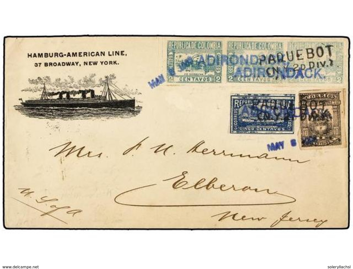 COLOMBIA. 1903. Circulada A USA.  2 Ctvos.  Verde (3),  5 Ctvos.  Azul Y  10 Ctvos.  Negro, Mat. Lineal Del Paquebot  AD - Autres & Non Classés