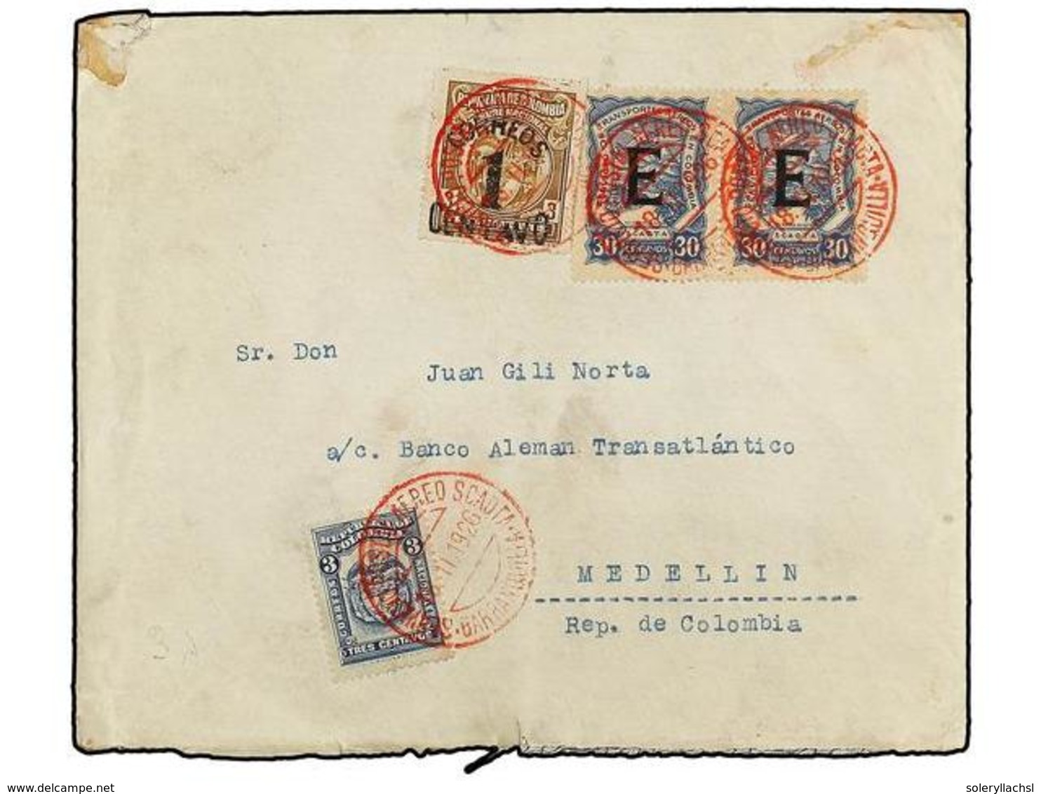 COLOMBIA. 1926.  SCADTA.  BARCELONA A MEDELLÍN. Circulada Con Sellos De  1 Ctvo.  Y  3 Ctvos.  Y Sellos De  4 Cts.  Azul - Andere & Zonder Classificatie