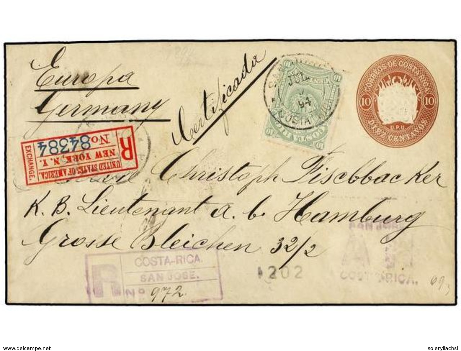 COSTA RICA. Sc.38. 1894. SAN JOSÉ A ALEMANIA. Entero Postal De  10 Ctvos.  Castaño Con Franqueo Adicional De  10 Ctvos.  - Altri & Non Classificati