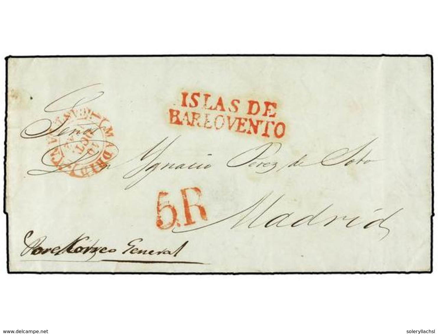 CUBA. 1842 (10 Octubre). HABANA A MADRID. Manuscrito 'Por El Correo General' , Marca  ISLAS DE/BARLOVENTO  En Rojo Aplic - Altri & Non Classificati