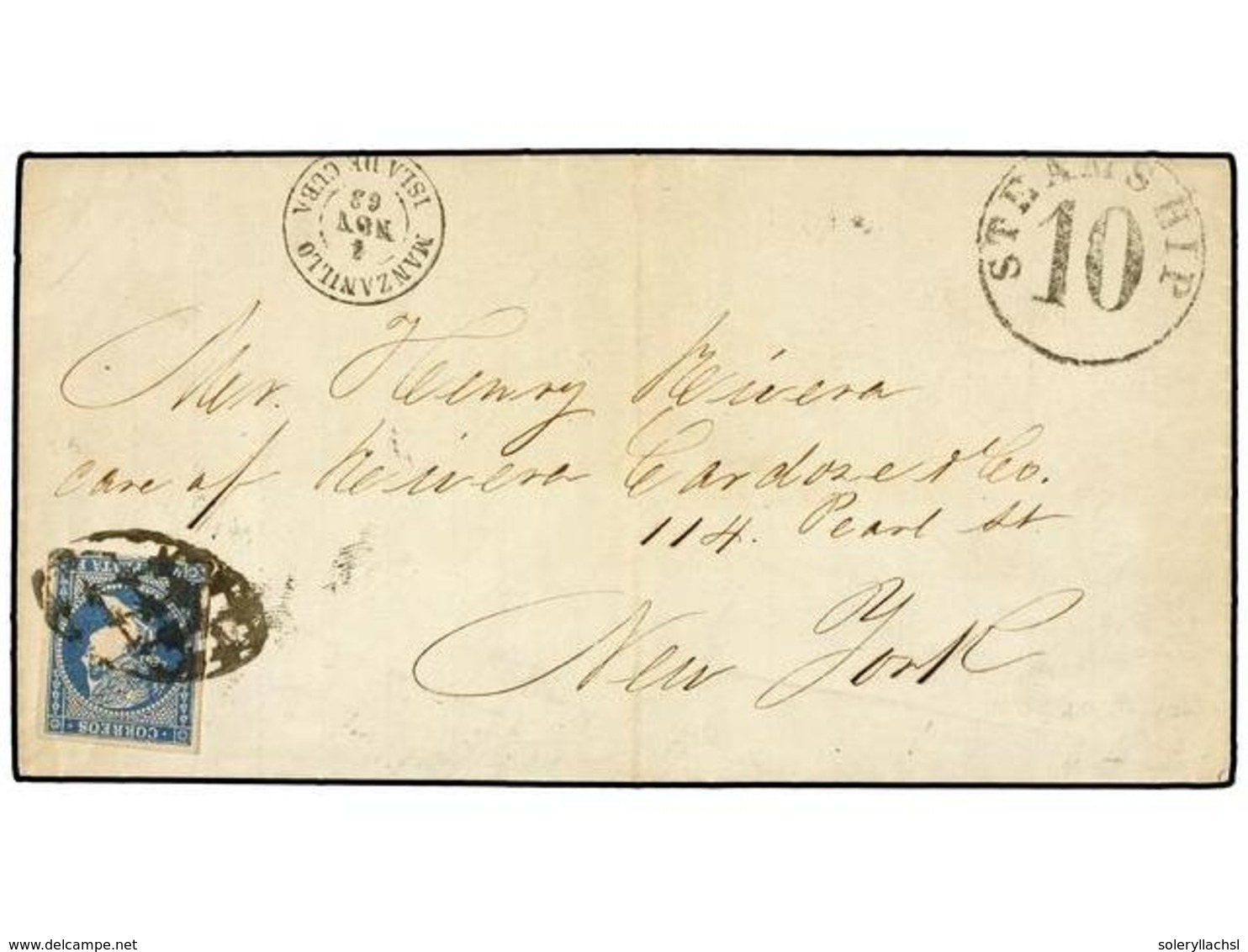 CUBA. Ant.7. 1863. MANZANILLO A NEW YORK.  1/2 Real  Azul. Mat.  PARRILLA COLONIAL  Y Fechador  MANZANILLO/ISLA DE CUBA  - Sonstige & Ohne Zuordnung