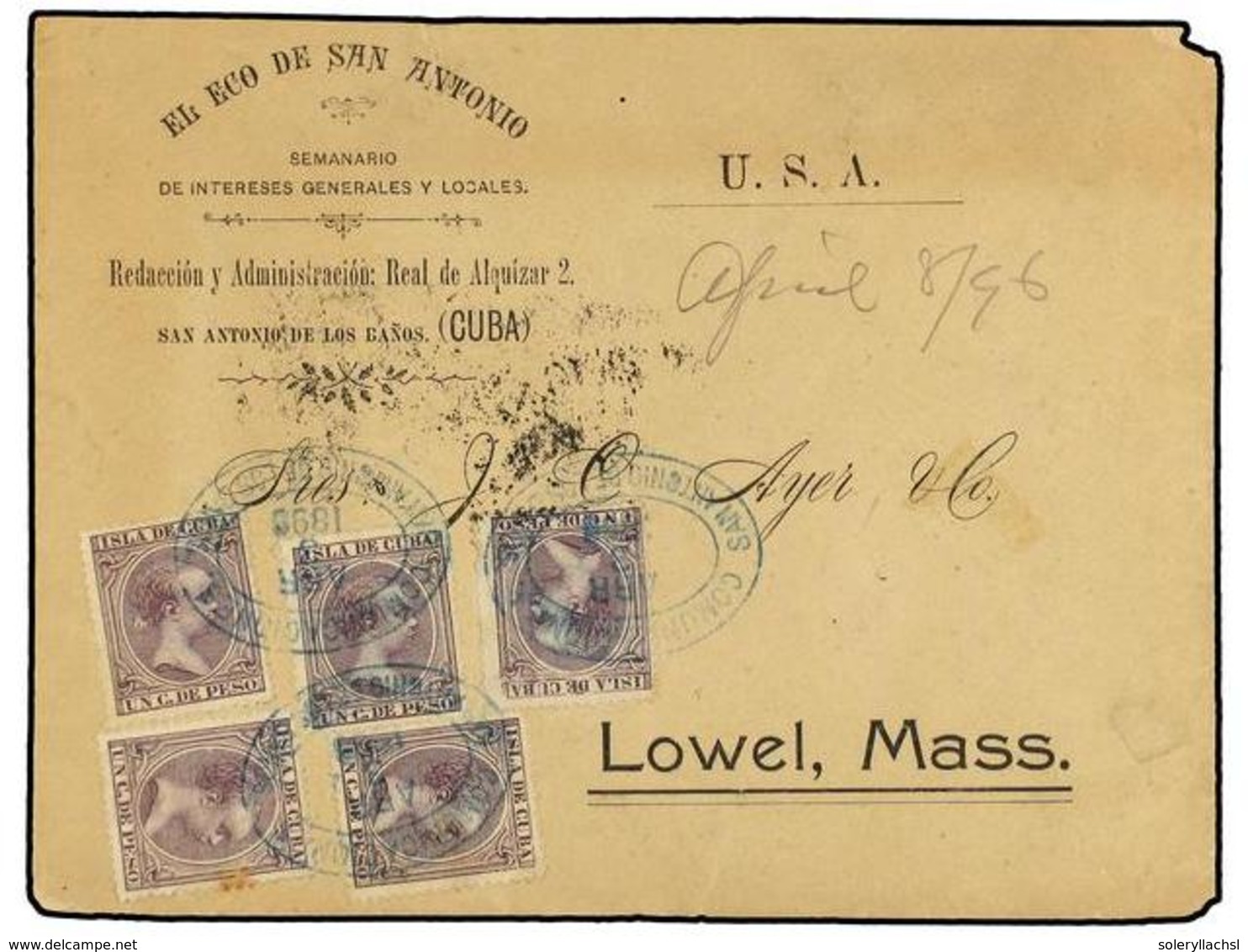 CUBA. Ed.146. 1896. SAN ANTONIO A LOWEL (USA).  1 Ctvo.  Violeta (5). Mat. Ovalado  COMUNICACIONES/SAN ANTONIO DE LOS BA - Autres & Non Classés