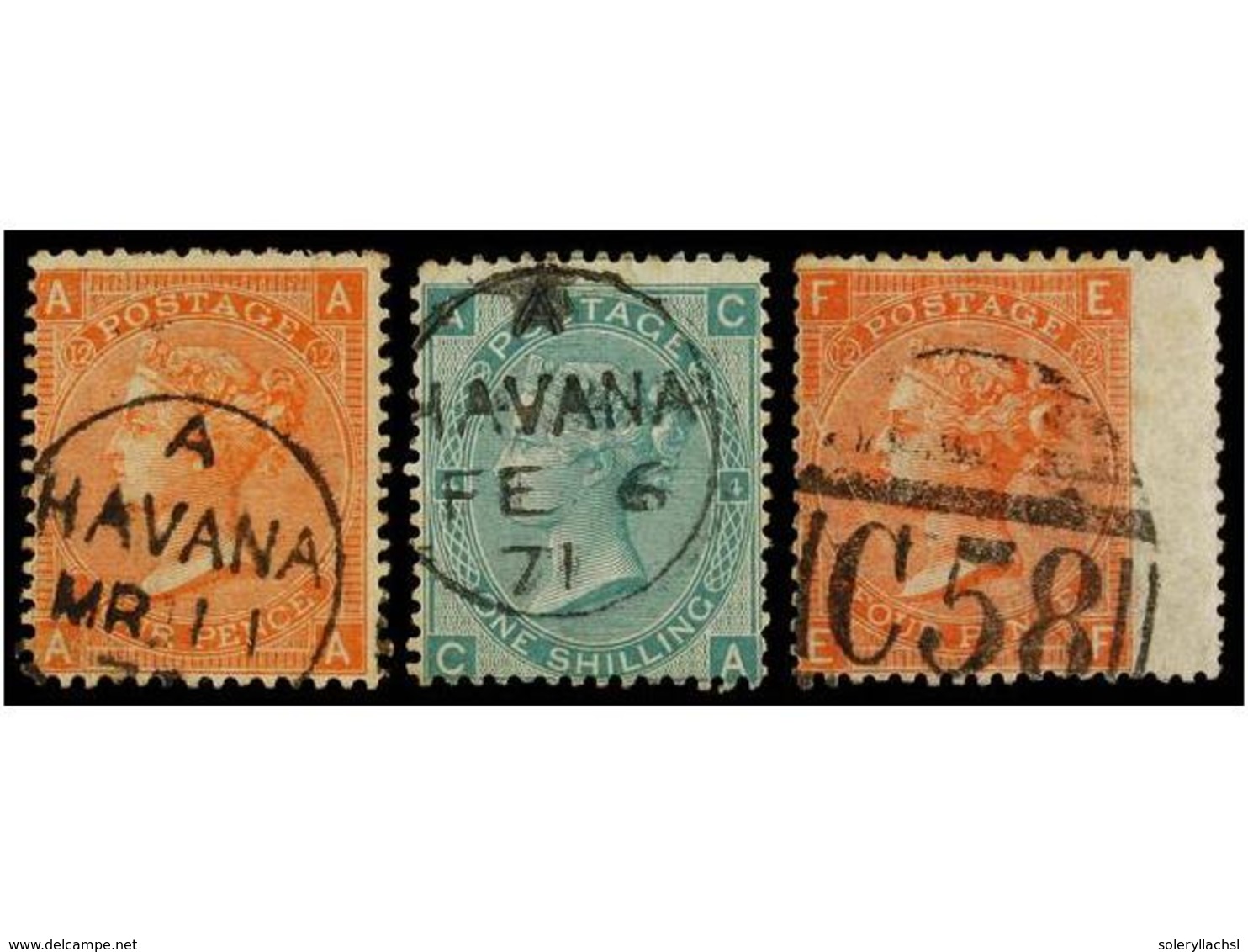 ° CUBA. Sellos Ingleses De  4 P.  Naranja (pl. 12) Y  1 Sh.  Verde (pl. 4), Mat.  C58  Y Fechador  HAVANA  De La B.P.O.  - Sonstige & Ohne Zuordnung