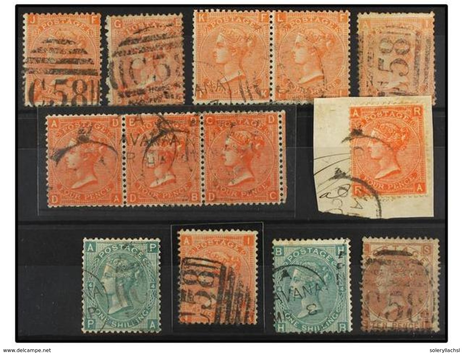 ° CUBA. Sellos Ingleses De  4 P.  Naranja (pl. 8, 11 (3), 12 (5)),  10 Sh.  Castaño (pl. 1) Y  1 Sh.  Verde (pl. 4), Mat - Altri & Non Classificati