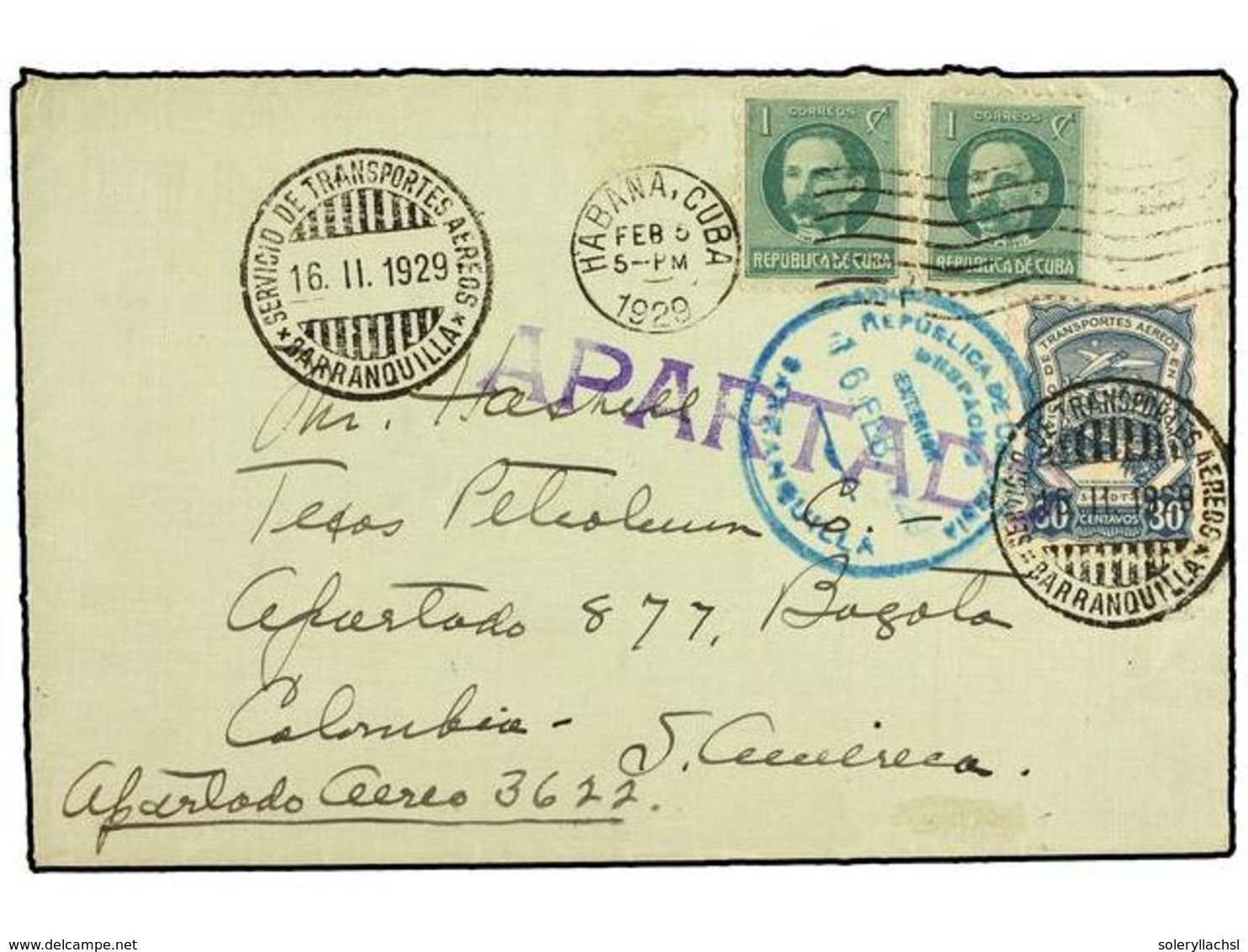 CUBA. 1929 (5-Feb.). HABANA A BOGOTÁ Vía BARRANQUILLA. Circulada Con 2 Sellos De Cuba De  1 Cto.   Verde Y Sello De  SCA - Andere & Zonder Classificatie