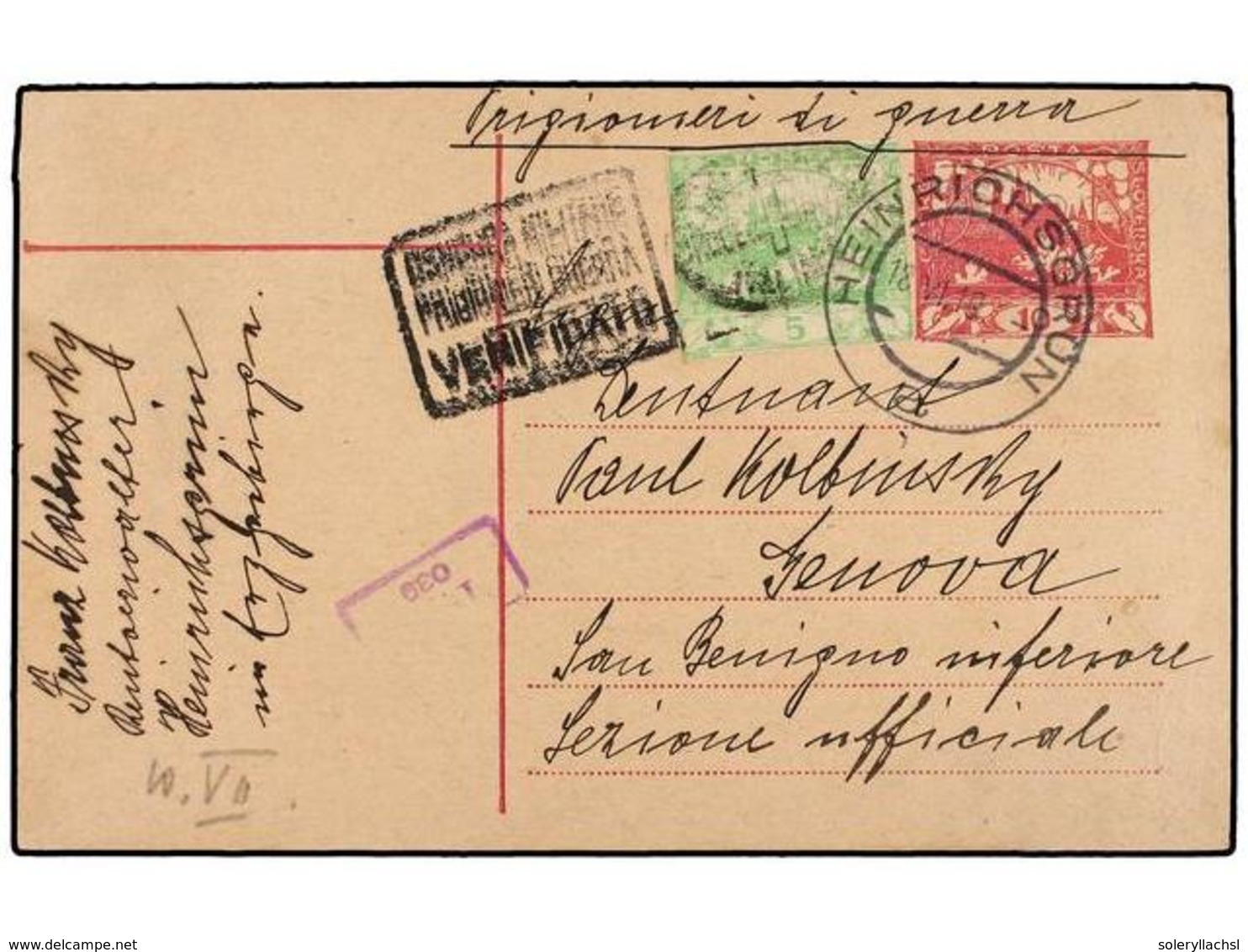 CHECOSLOVAQUIA. 1919. HEINRICHSGRON To GÉNOVA (Italia), Postal Stationary Card Of  10 H.  Uprated  5 H. , Endorsed 'Prig - Autres & Non Classés