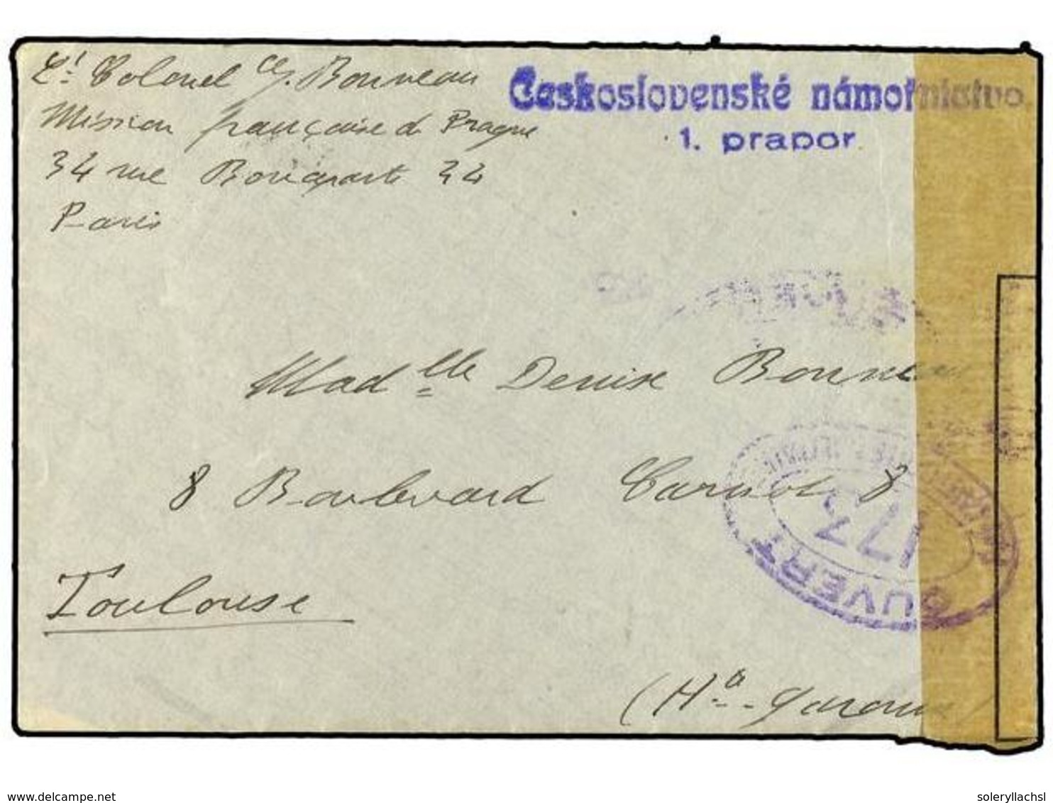 CHECOSLOVAQUIA. 1919. Military Mail Envelope To TOULOUSE Written From PRAGUE (15/7/19) With  POZSONY  Datestamp And Canc - Altri & Non Classificati