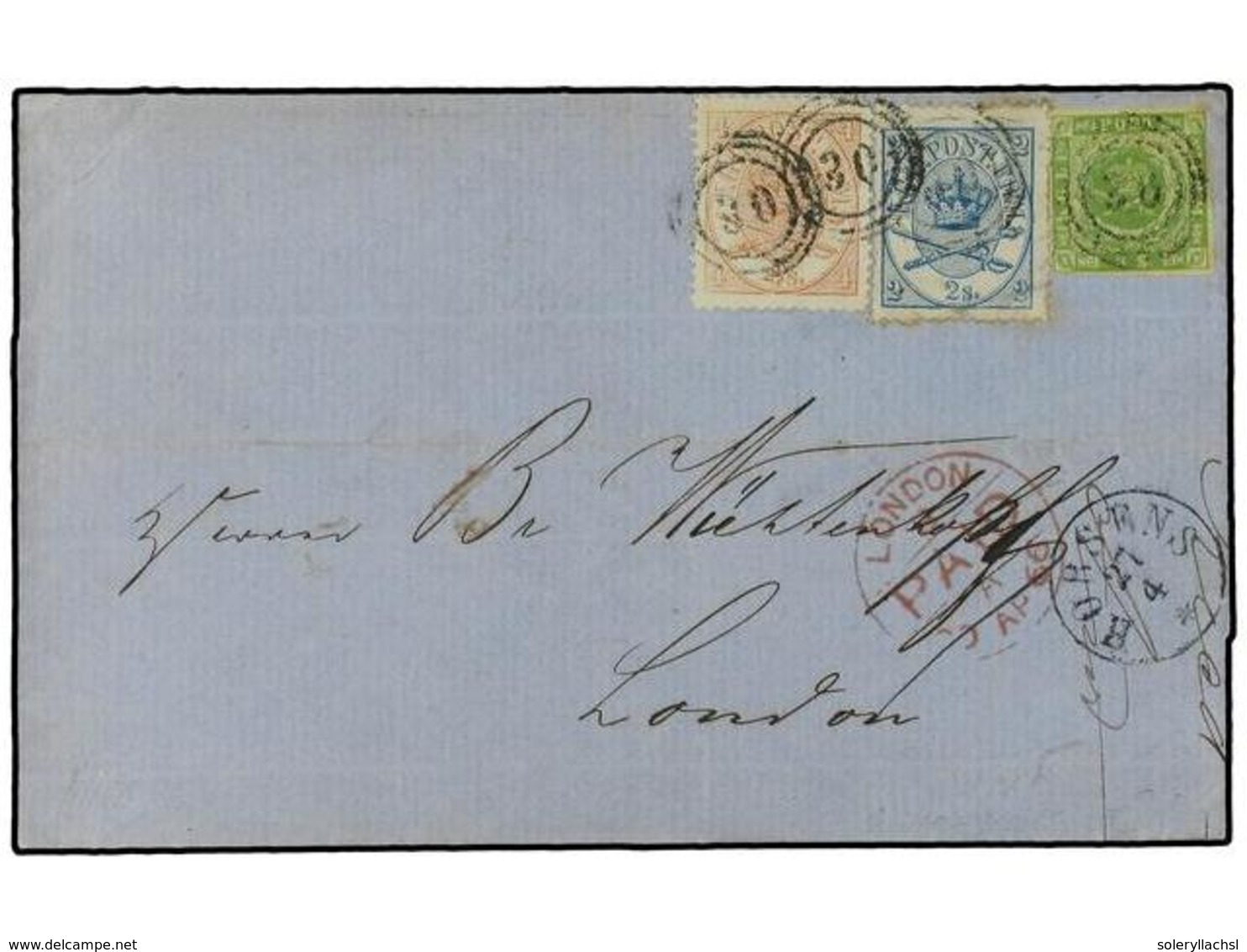 DINAMARCA. 1866 (April 27). Cover To London With Three Colour Mixed Issue Franking Of Imperforate 1858-62  8sk . Green A - Autres & Non Classés