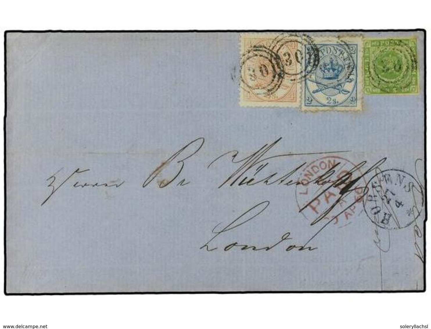 DINAMARCA. 1866 (April 27). Cover To London With Three Colour Mixed Issue Franking Of Imperforate 1858-62  8sk . Green A - Altri & Non Classificati