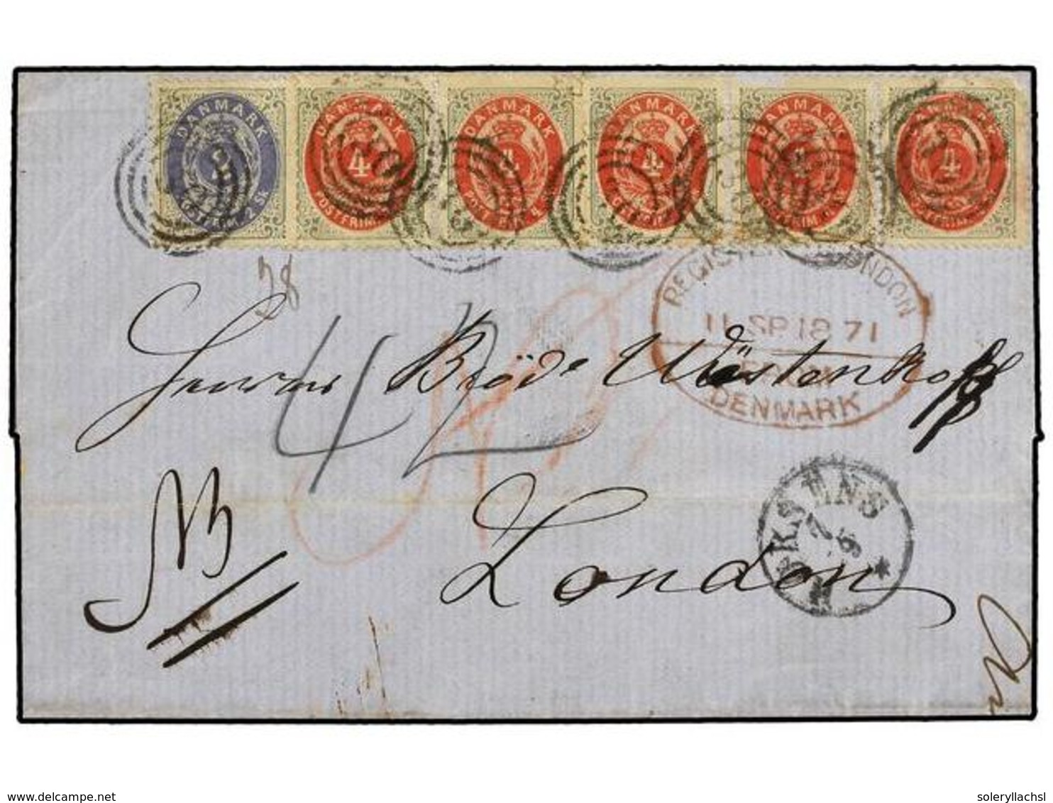 DINAMARCA. 1871(Sept 7th). Registered Cover From Horsens To London, Carried At 22 Skilling Rate And Franked By 1870-71   - Andere & Zonder Classificatie