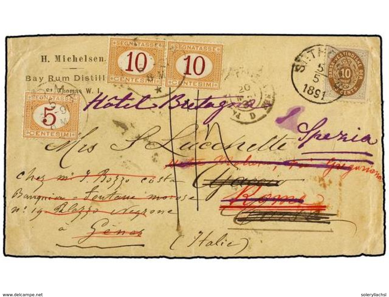 ANTILLAS DANESAS. 1891. ST. THOMAS A ITALIA.  10 Cents.  Castaño Y Gris Tasado A La Llegada Con Sellos Italianos De  5 C - Andere & Zonder Classificatie