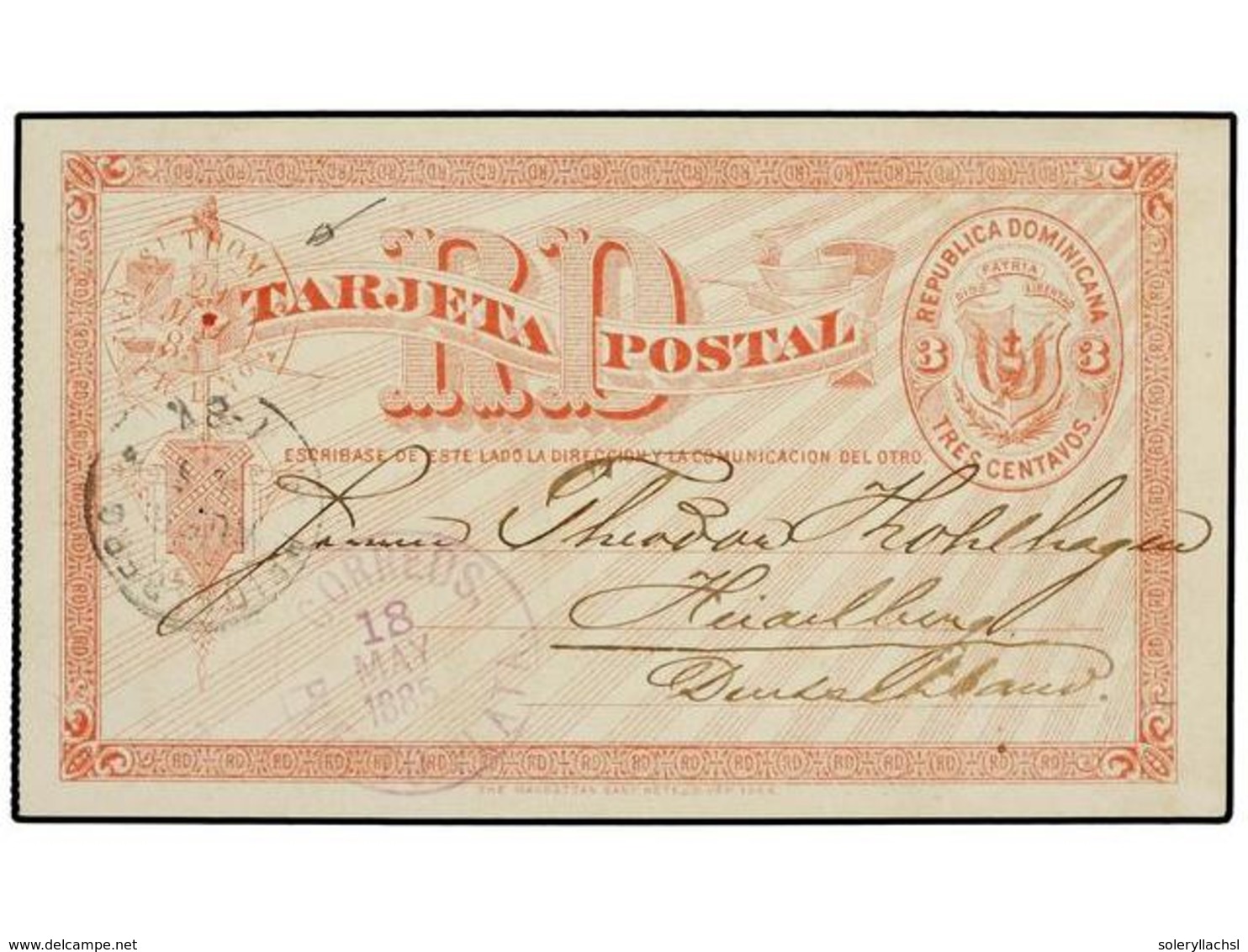 DOMINICANA. 1885. Postal Stationery From Dominican Republic Puerto Plata May 18, 1885 Via Danish Post Office At St. Thom - Andere & Zonder Classificatie