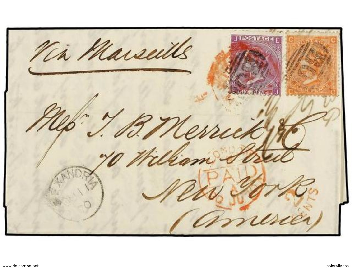 EGIPTO. 1870. Entire Letter To USA Franked By GB  4 D.  Vermilion Plate 11 And  6 D.  Mauve Plate 8 Tied By  BO1  Oblite - Altri & Non Classificati