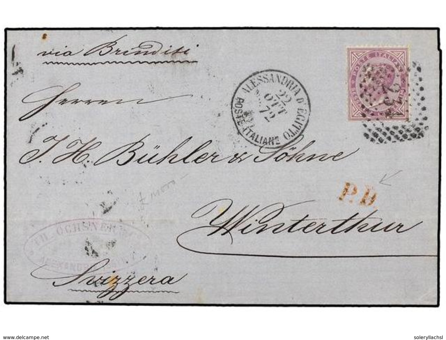 EGIPTO. Sg.15a. 1872 (Oct. 22). Cover To WINTERTHUR (Switzerland) Endorsed 'via Brindisi' Franked By Italy 1863  60c.  B - Autres & Non Classés