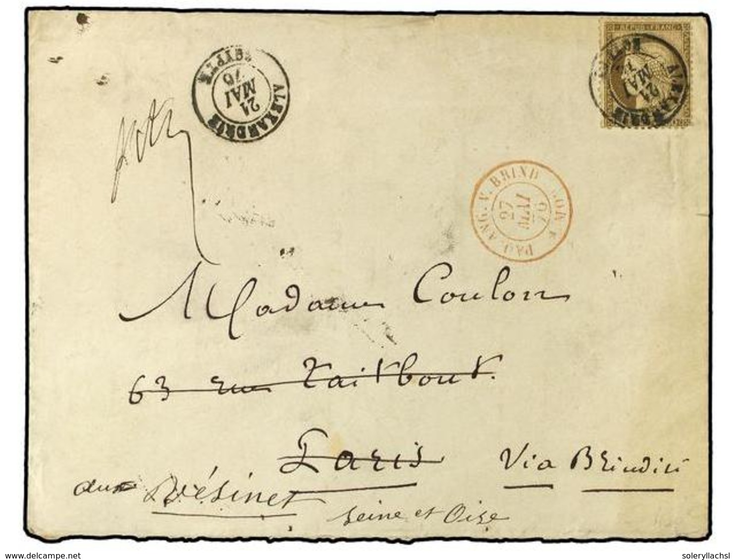 EGIPTO. 1876 (May 21). Cover To Paris Franked By France 1871-75  30c . Brown Tied By  'Alexandrie-Egypte'  Cds In Black; - Andere & Zonder Classificatie