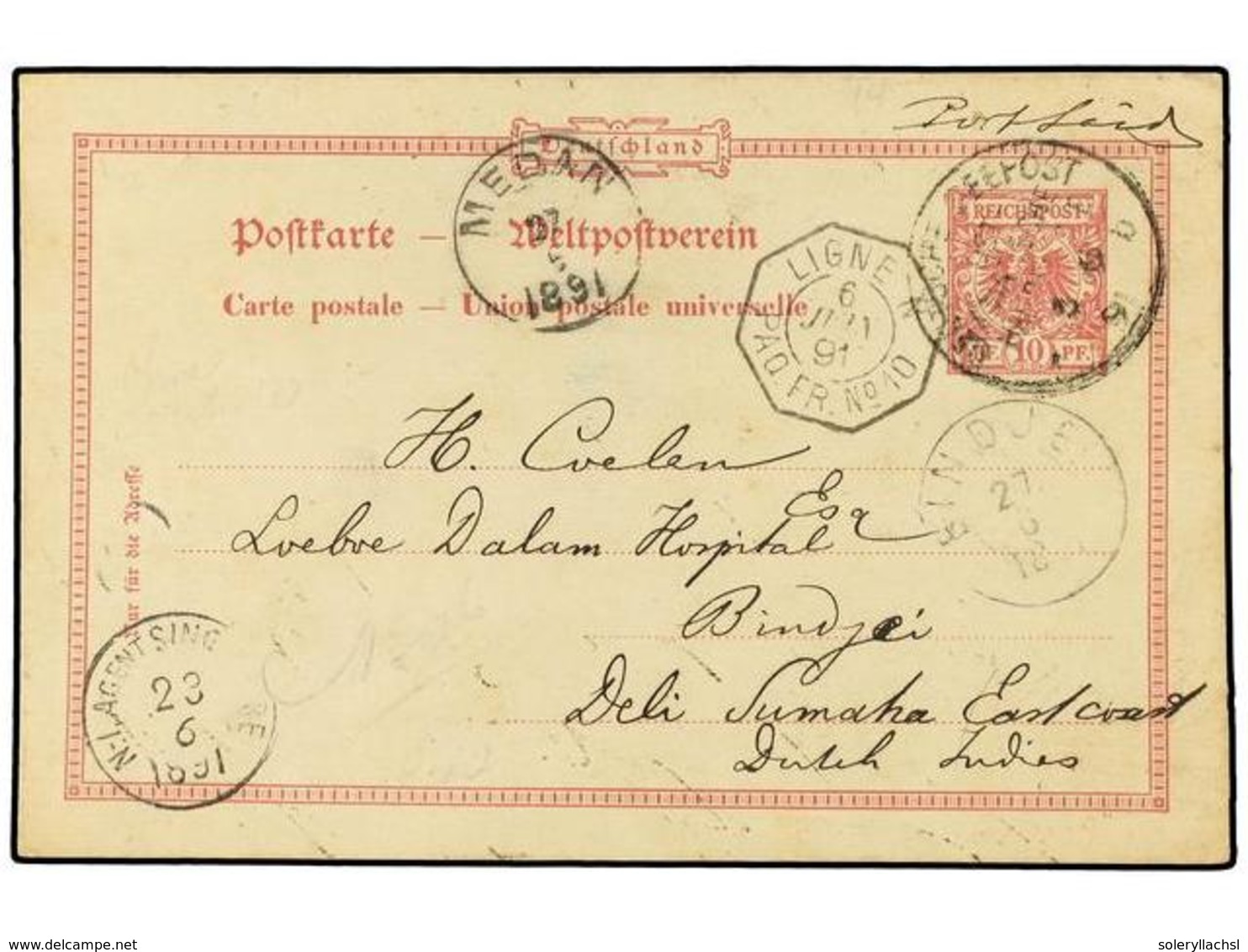 EGIPTO. 1891 (June 4).  Germany 10pf.  Carmine Postal Stationery Card Written On Board Ship In SUEZ CANAL To DELI (Sumat - Other & Unclassified