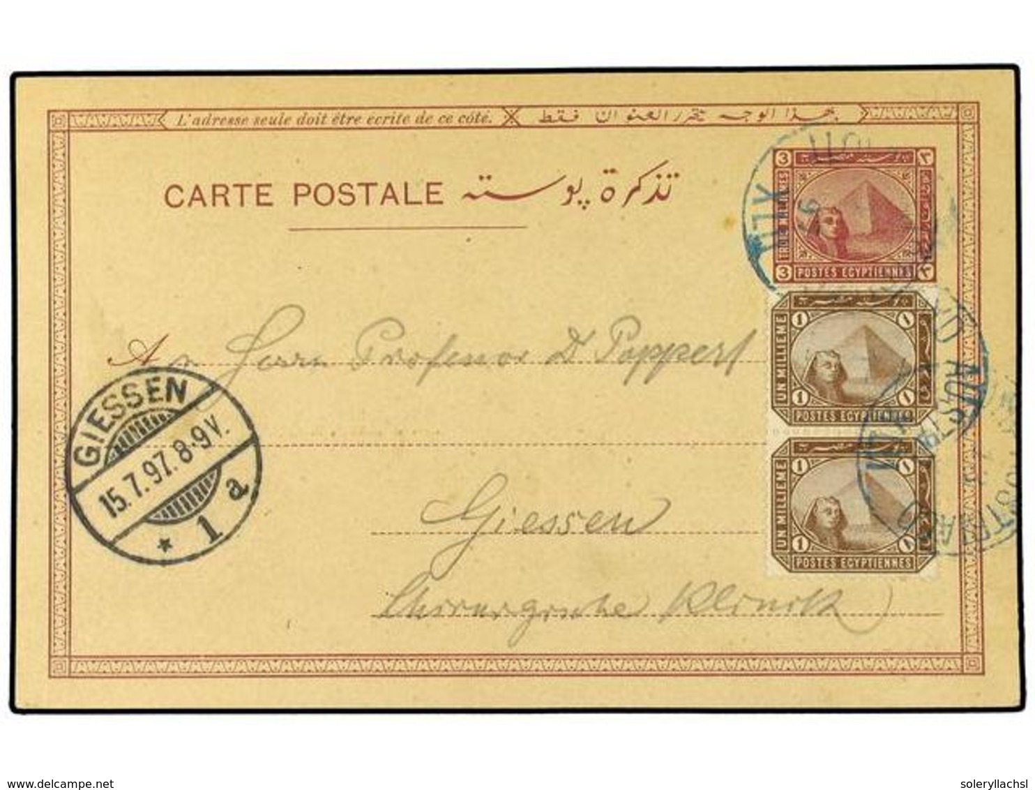 EGIPTO. 1897. Postal Stationary Card  3 M  Purple Upgraded With  1 M  Brown (pair) (SG 58) Tied By  LLOYD AUSTRIACO XLII - Autres & Non Classés