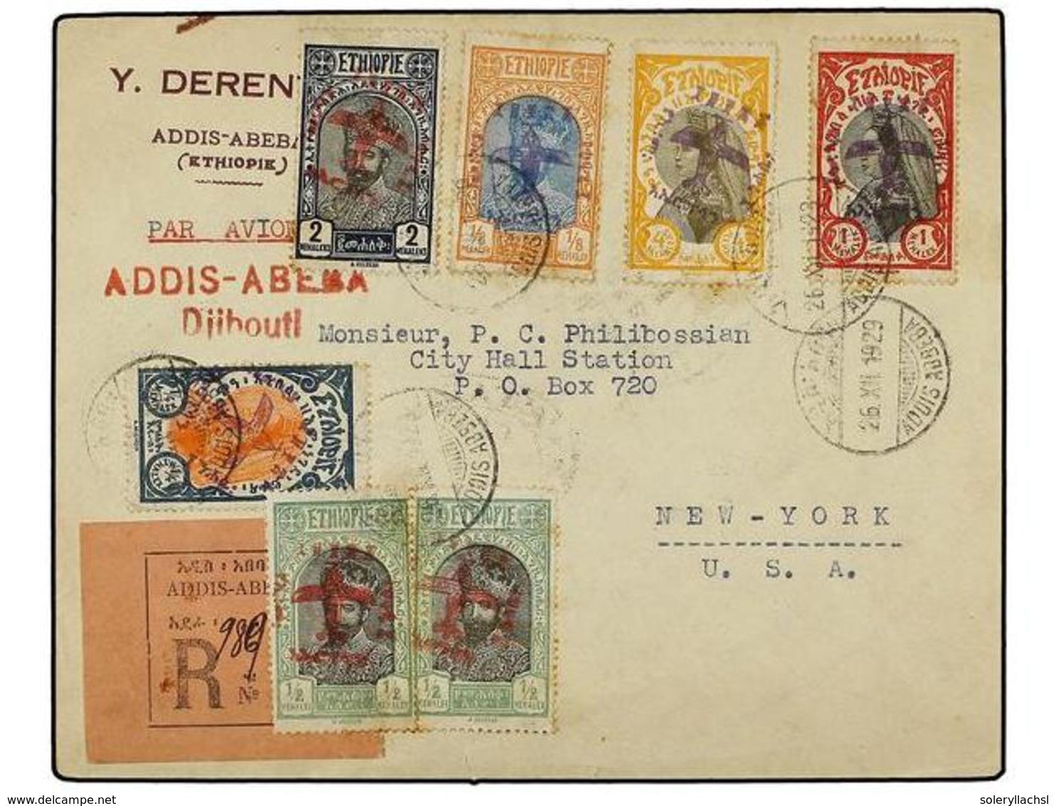 ETIOPIA. 1929 (26-XII). ADDIS To NEW YORK Via Djibouti.  FIRST FLIGHT.  Franked By Type 3 Mixed Colours Overp. With  Dji - Andere & Zonder Classificatie