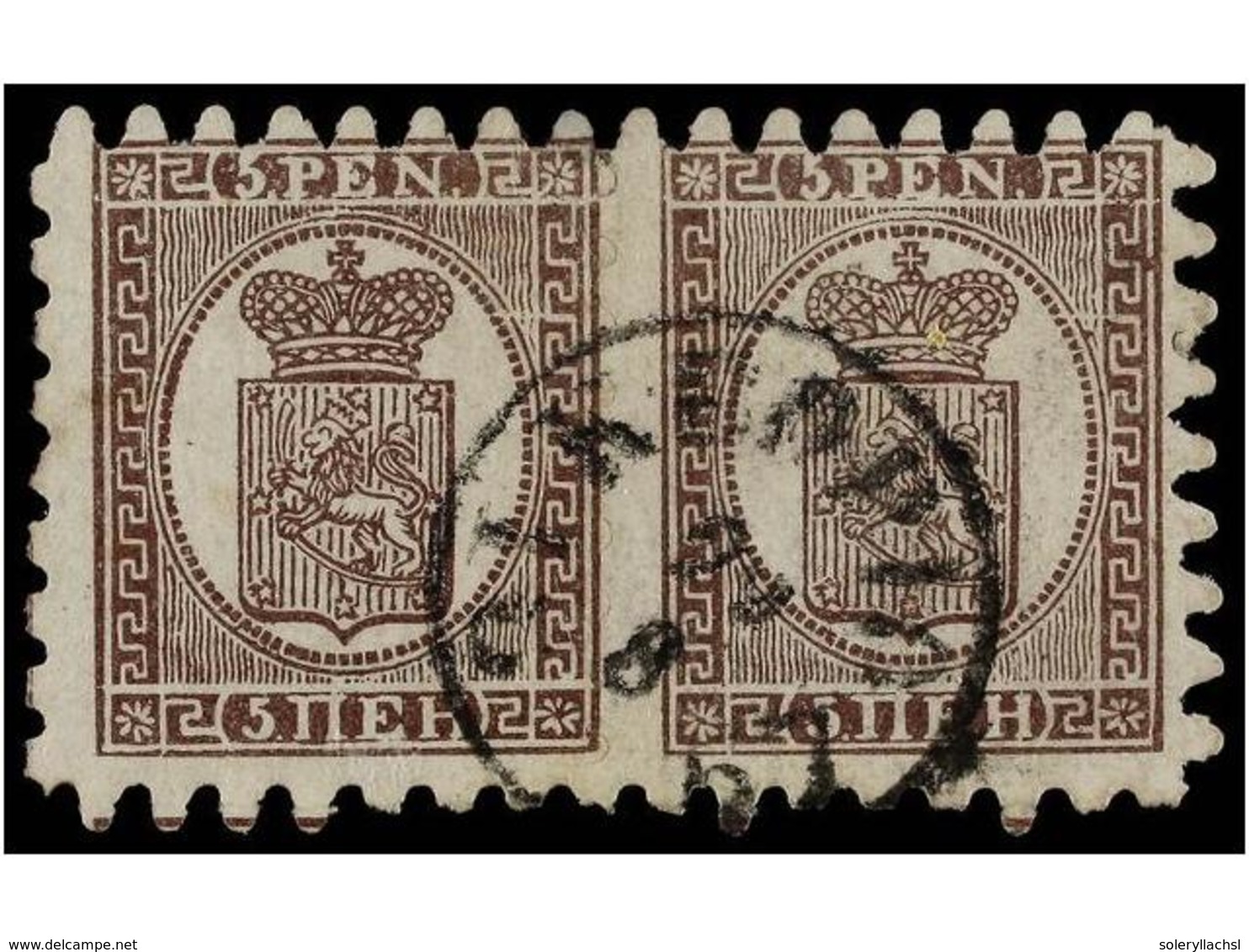 ° FINLANDIA. Mi.5Bx. 1866.  5 P.  Brown-lilac, Pair. Slight Short Perforation On The Left Margin. Michel.+760€. - Sonstige & Ohne Zuordnung
