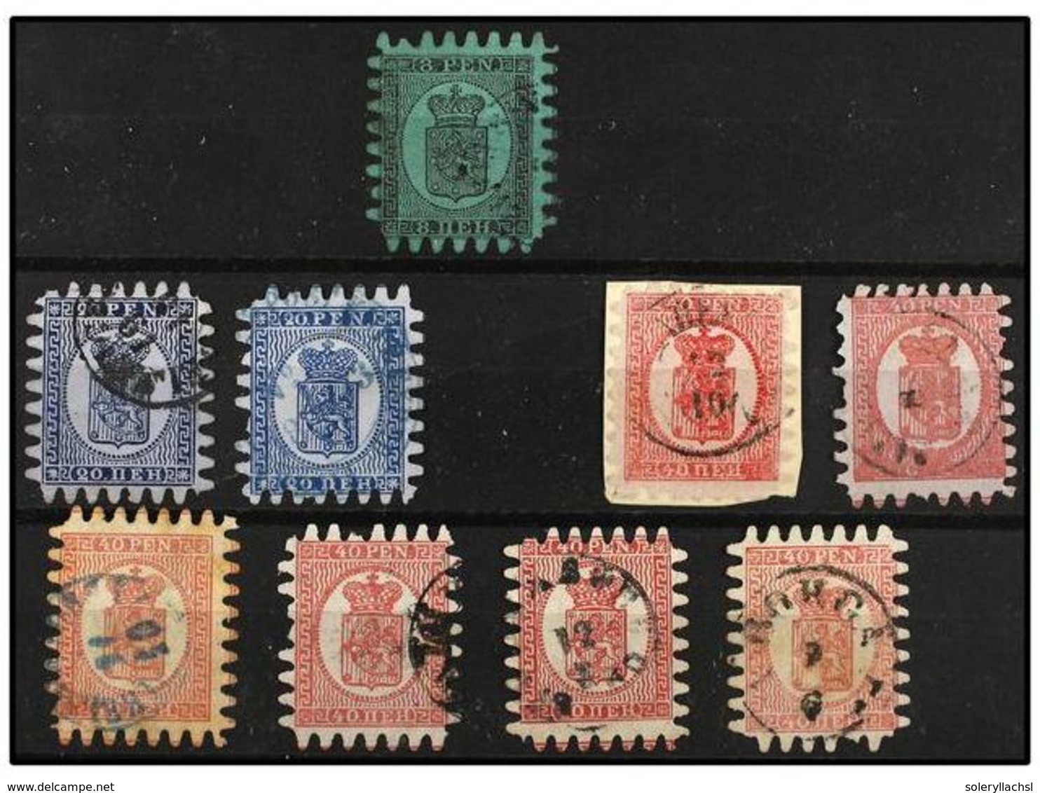 ° FINLANDIA. Mi.6Cx, 8Cx (2), 9Bx (2), 9 Cx (4). 1866. Lot Of Nine Stamps, Some Short Perforations. Michel.1.110€. - Autres & Non Classés