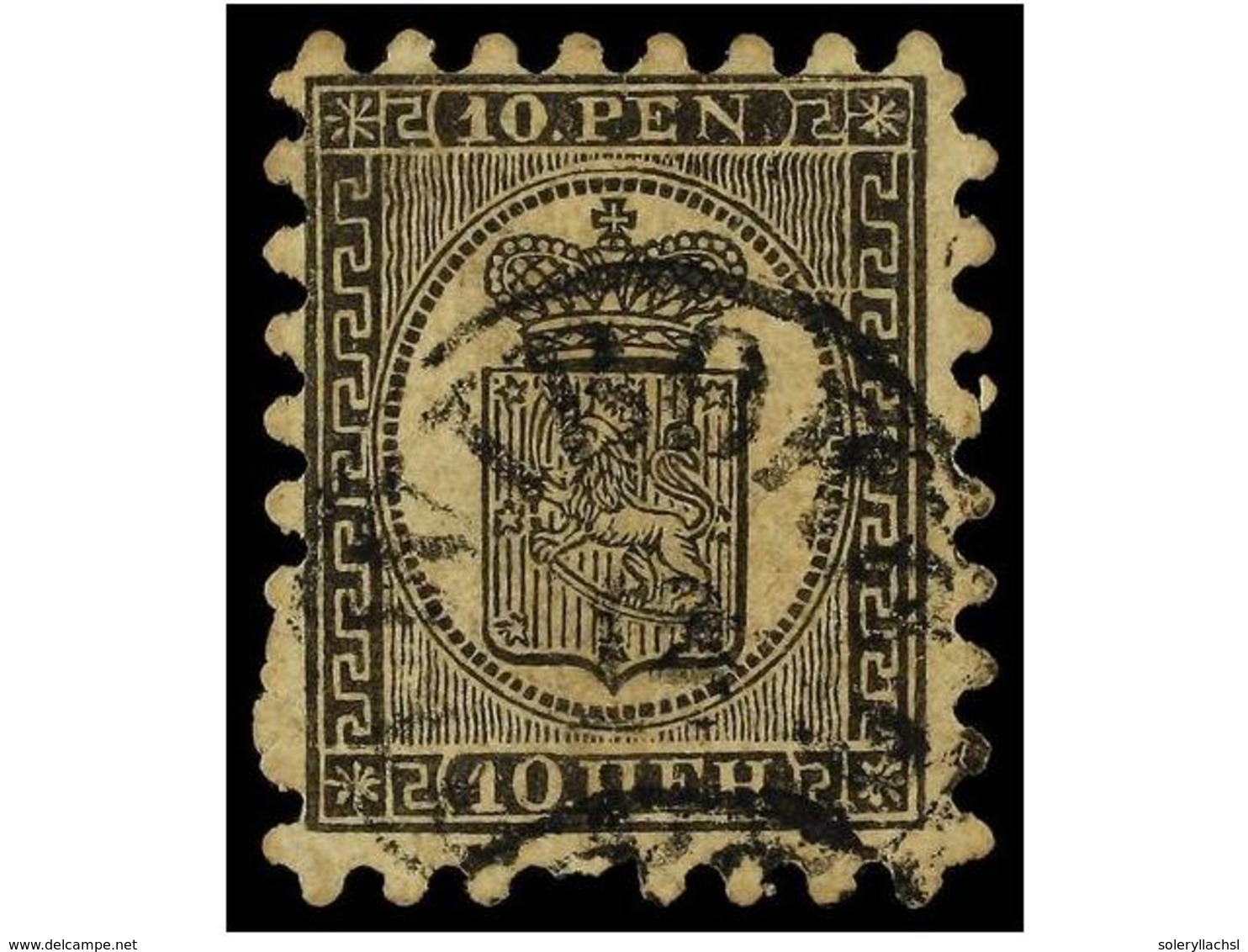 ° FINLANDIA. Mi.7Ax. 1866.  10 P.  Black On Salmon. One Perforation Short. Light Crease In Two Perf. Michel.1.200€. - Andere & Zonder Classificatie