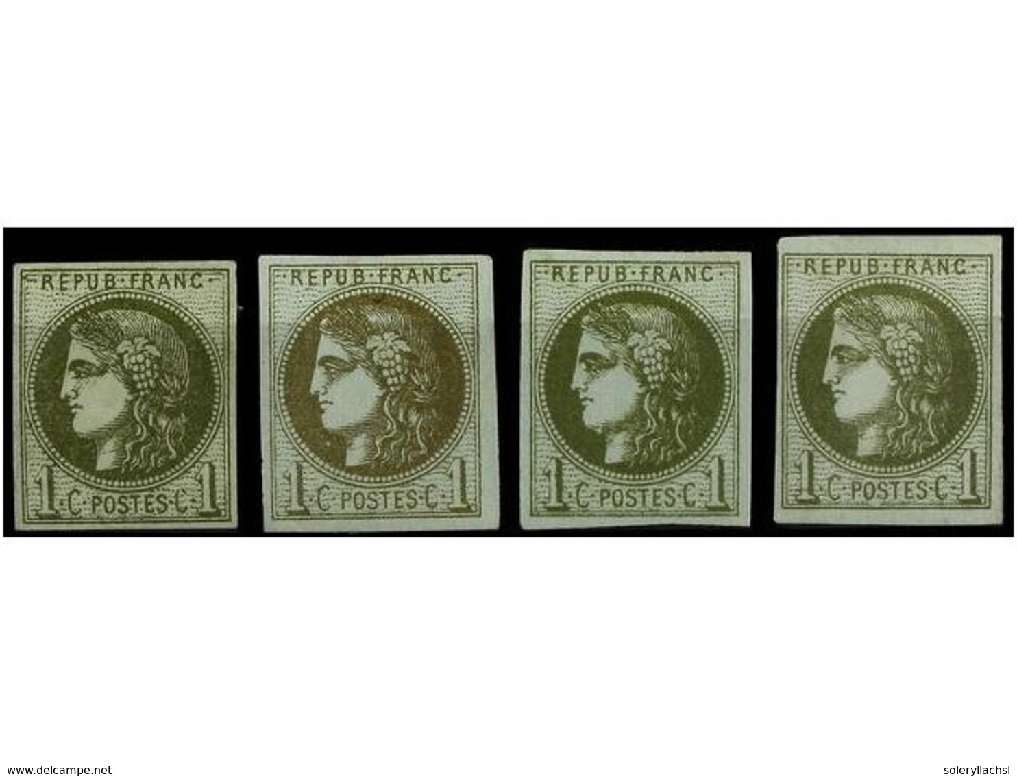 (*) FRANCIA. Yv.39. 1870.  1 Cto.  Verde. 4 Bonitos Ejemplares Sin Goma. Diferentes Tonos De Color. Yvert.560€. - Andere & Zonder Classificatie