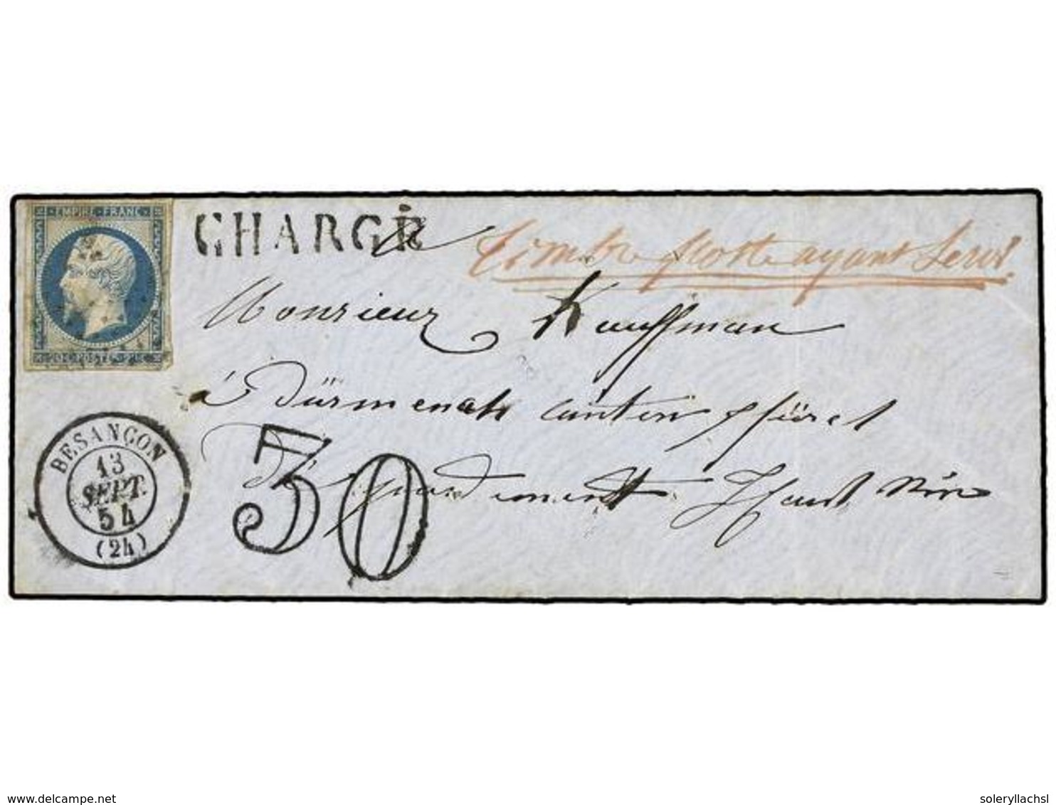 FRANCIA. Yv.14. 1854. BESANÇON A PARIS.  20 Cts.  Azul.  FRAUDE AL CORREO  Usando Un Sello Ya Circulado, Manuscrito  'TI - Autres & Non Classés