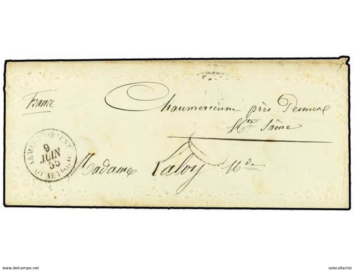 FRANCIA. 1855 (June 9).  CRIMEAN WAR.  Ladies's Embossed Envelope With Complete Original Contents Sent Stampless To Fran - Altri & Non Classificati