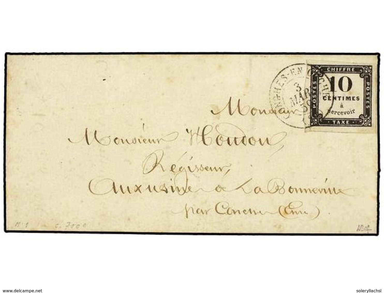 FRANCIA. Yv.T-1. 1859.  TASAS.  CONCHES-EN-OUCHE.  10 Cts.  Negro  LITOGRAFIADO.  Raro En Carta. - Andere & Zonder Classificatie