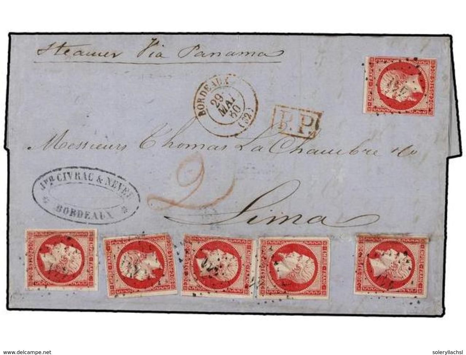 FRANCIA. 1860. BORDEAUX A LIMA.  80 Cts.  Rosa (6), Tarifa De  4,80 Fr.  Cuádruple Porte Por La Vía Inglesa, Tasa De '2' - Andere & Zonder Classificatie