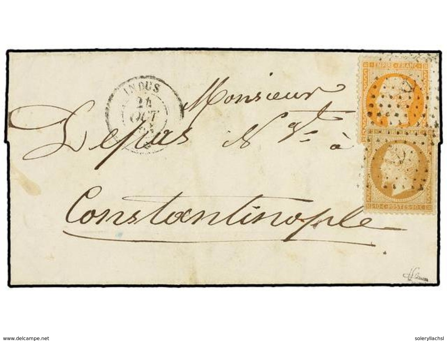 FRANCIA. Yv.21, 23. 1863. MARSEILLE A CONSTANTINOPLE.  10 Cts.  Y  40 Cts.  Mat.  ANCLA  Y Fechador Del Paquebot  INDUS/ - Andere & Zonder Classificatie