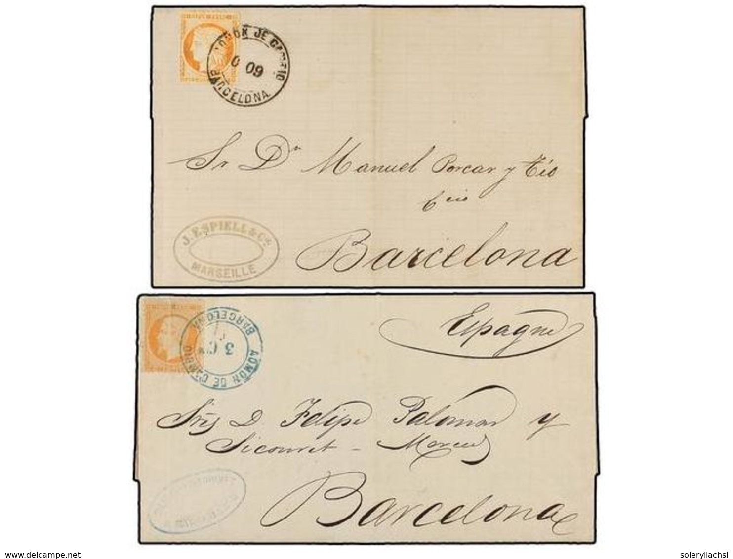 FRANCIA. 1868-74. Dos Cartas Con Sellos De  40 Cts.  Naranja Y Mat.  ADMON. DE CAMBIO/BARCELONA  En Negro Y Azul, Esta ú - Autres & Non Classés