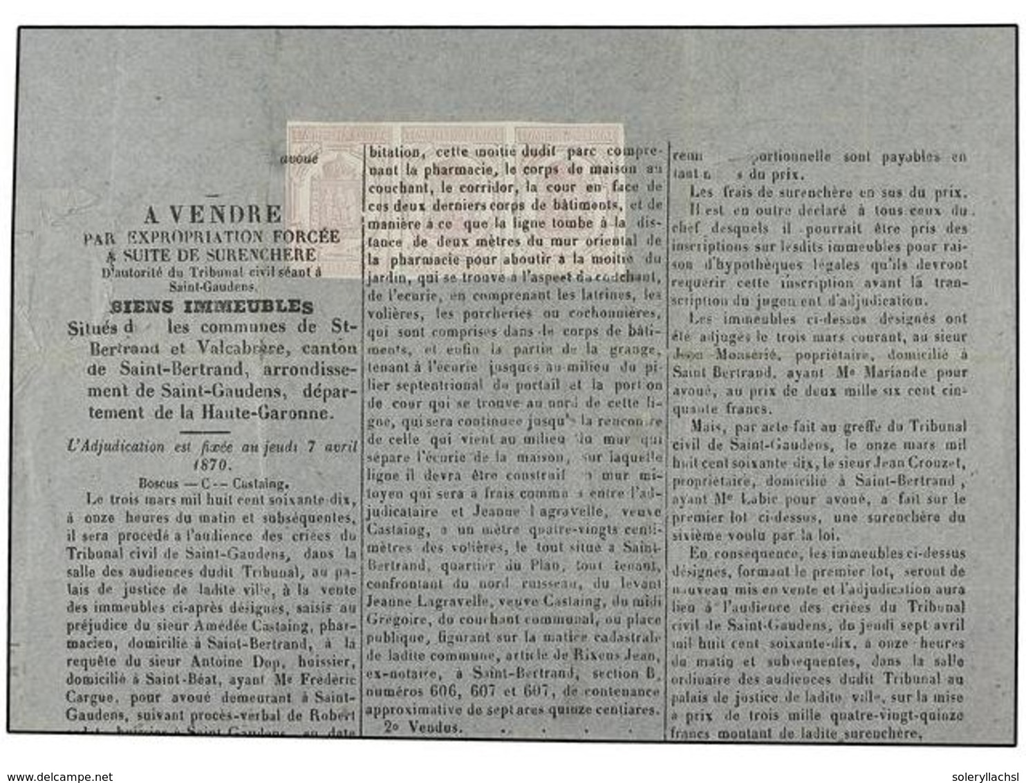 FRANCIA. Yv.P- 1 (3). 1870.  PERIÓDICOS. HOJA DE PERIÓDICO  Franqueada Con Una Tira De Tres Del  2 Cts.  Lila. Cert. BRI - Autres & Non Classés