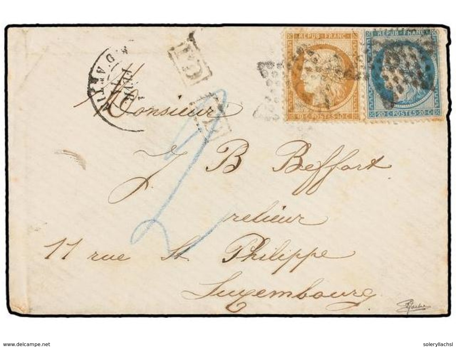 FRANCIA. 1871. PARÍS A LUXEMBURGO.  10 Cts.  Bistre Y  20 Cts.  Azul, Al Dorso Llegada. Rara Destinación. - Altri & Non Classificati