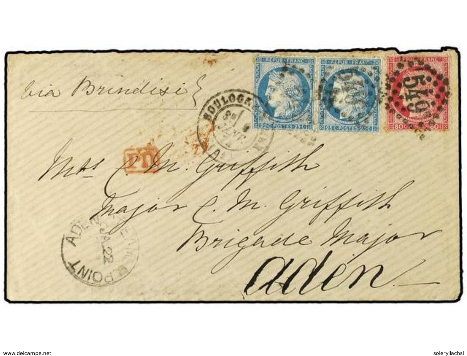 FRANCIA. 1874 (Jan 9). Cover From Boulogne Via Brindisi To Aden, Franked By 1871-75  25c.  Blue (2) And  80c . Carmine T - Autres & Non Classés