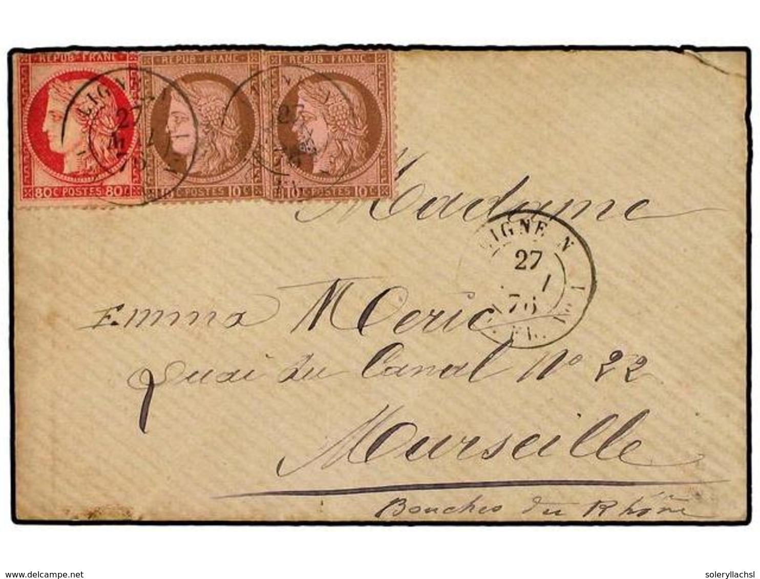 FRANCIA. Ed.54, 57. 1876. SOBRE Circulado A MARSELLA Con Franqueo De  10 Cts.  (2) Y  80 Cts.  Mat. Circular LIGNE N/PAQ - Other & Unclassified
