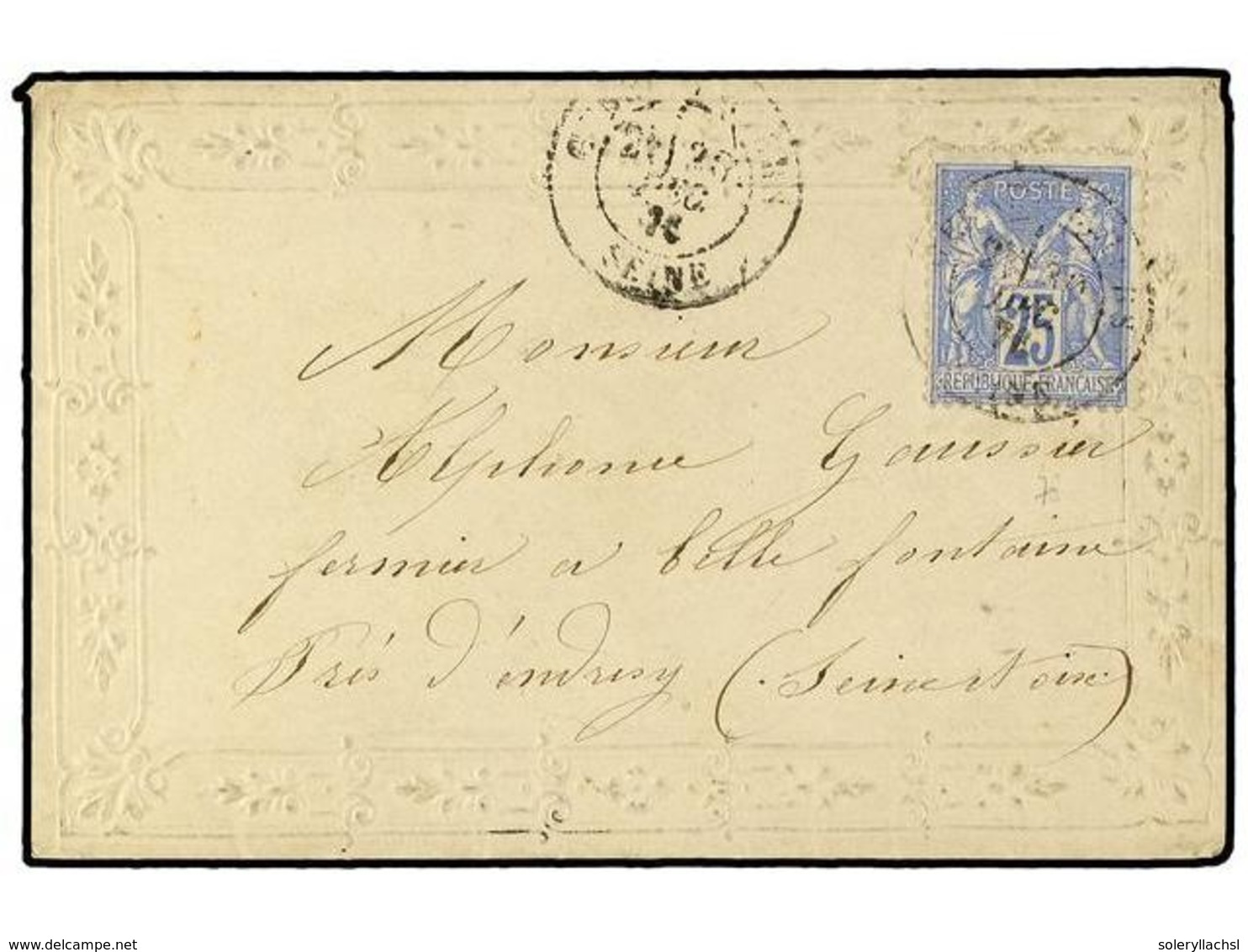 FRANCIA. 1878. Decorative 'Valentine' Envelope To ANDRESY Franked  25c.  'Sage' Cancelled  PARIS  Datestamp. - Autres & Non Classés