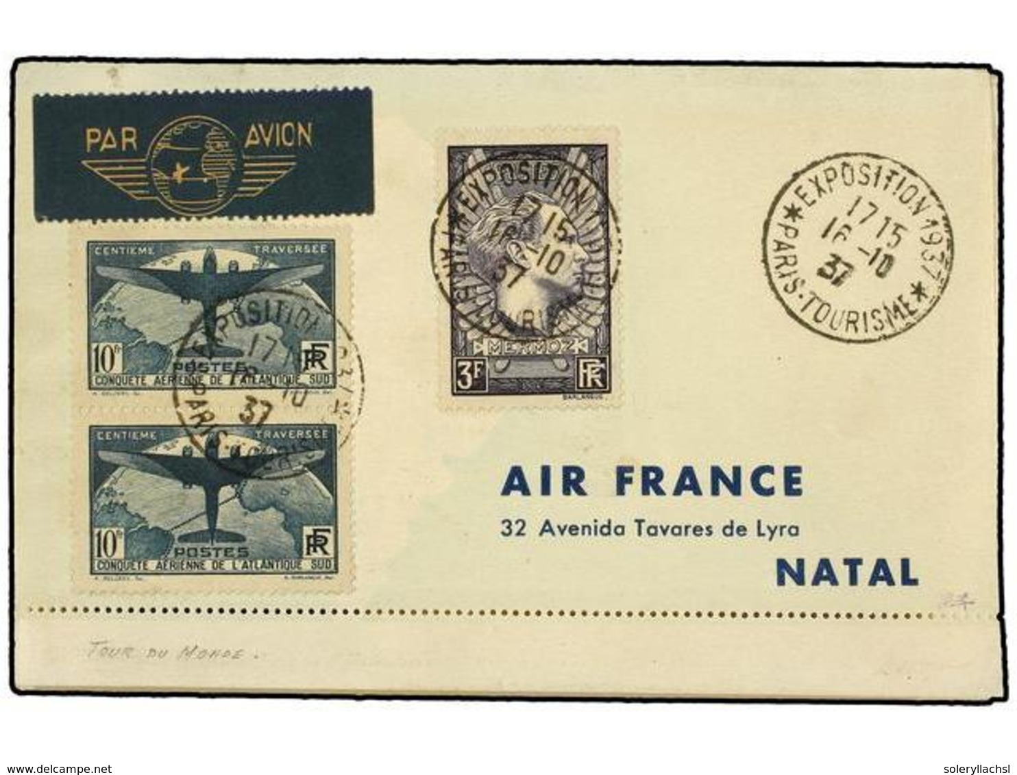 FRANCIA. Yv.321 (2). 1937. PARÍS A NATAL. Sobre Con Franqueo De EE.UU, HONG KONG Y BRASIL (no Matasellado).  VUELTA AL M - Andere & Zonder Classificatie