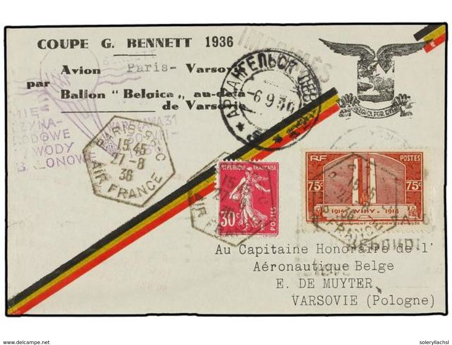 FRANCIA. 1938 (27-VIII). PARÍS-VARSOVIA (Poland).  COUPE G. BENNET.  Ballon 'Belgica', Marca Especial De Llegada. RARA. - Autres & Non Classés