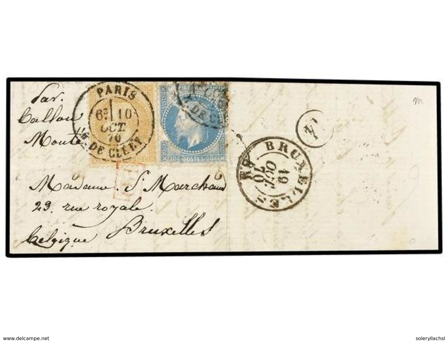 FRANCIA. 1870 (Oct. 10). PARIS To BRUSSELS (Belgium). Entire Letter Franked With  20 Cts.  Blue (used Previously And Reb - Autres & Non Classés