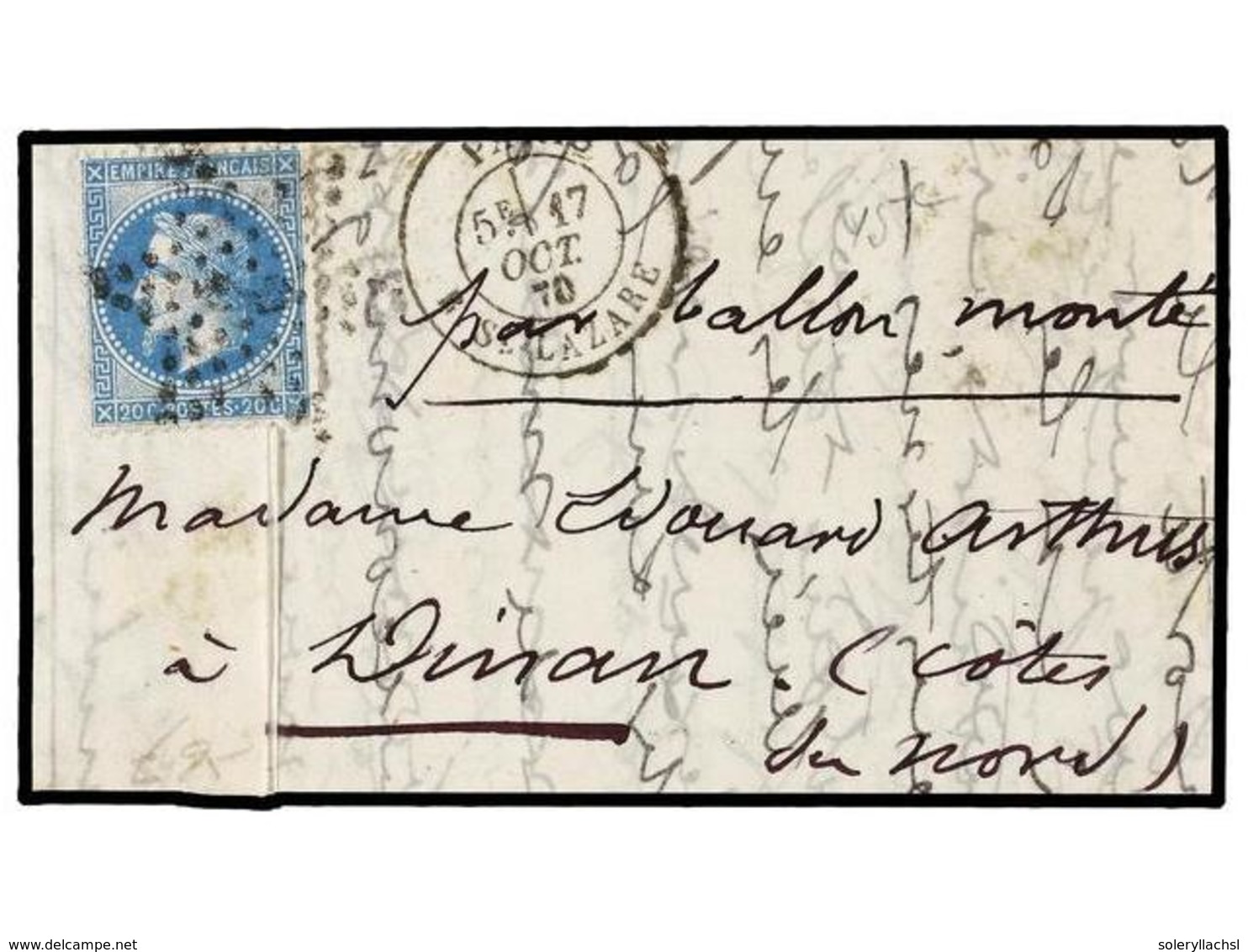 FRANCIA. 1870 (Oct. 17). PARIS To DINAN.  BALLOON 'LE VICTOR HUGO' . Entire Letter Franked With  20 Cts.  Blue (inevitab - Autres & Non Classés