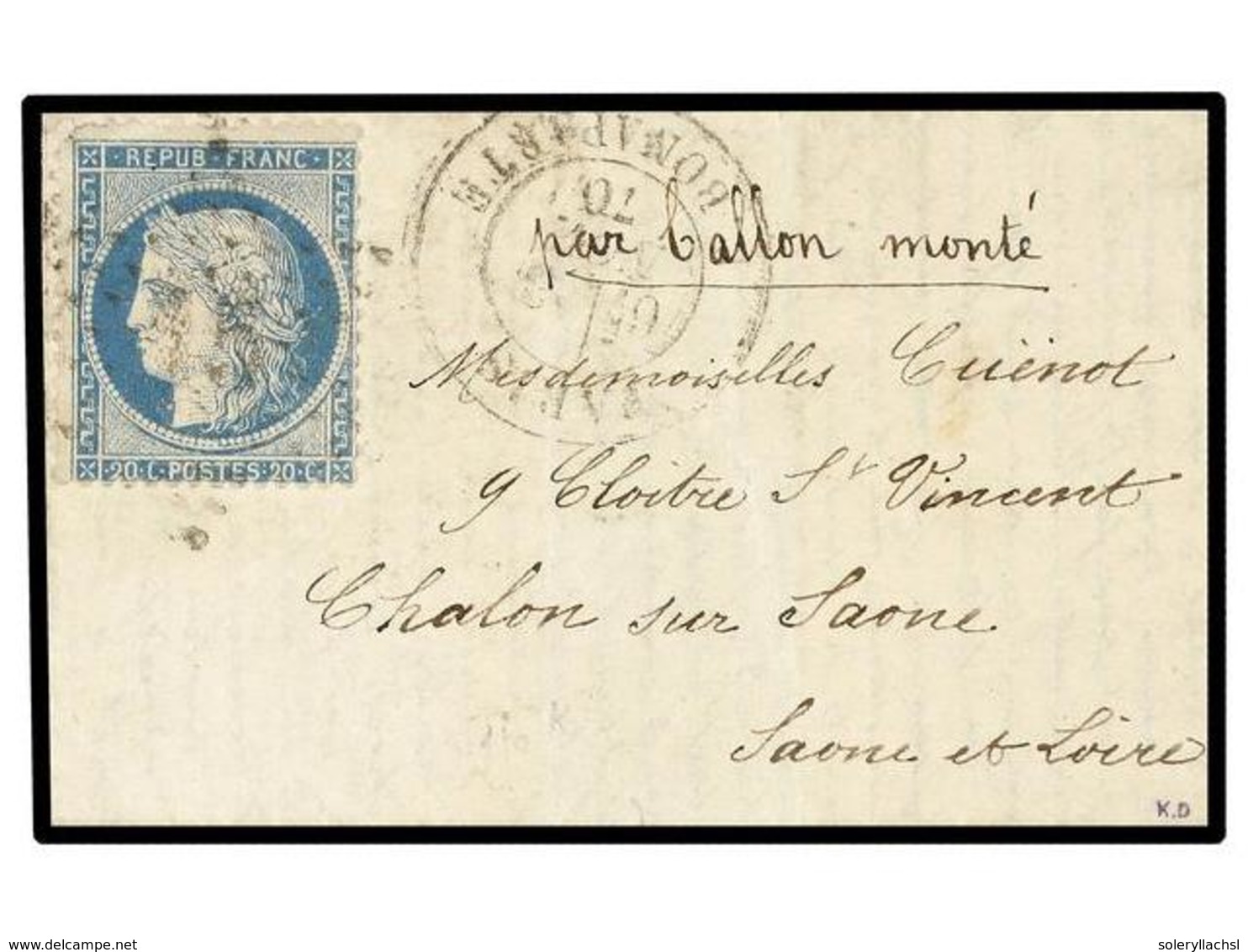 FRANCIA. 1870 (Nov. 3). PARIS To SAONE ET LOIRE.  BALLOON 'LE FERDINAND FLOCON' . Entire Letter Franked With  20 Cts.  B - Autres & Non Classés