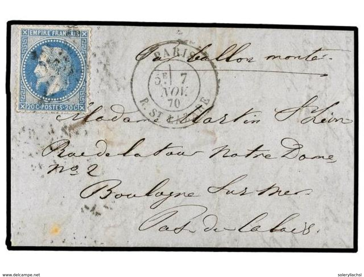 FRANCIA. 1870 (Nov. 7). PARIS To BOULOGNE SUR MER.  BALLOON 'LA GIRONDE' . Entire Letter Franked With  20 Cts.  Blue  St - Autres & Non Classés