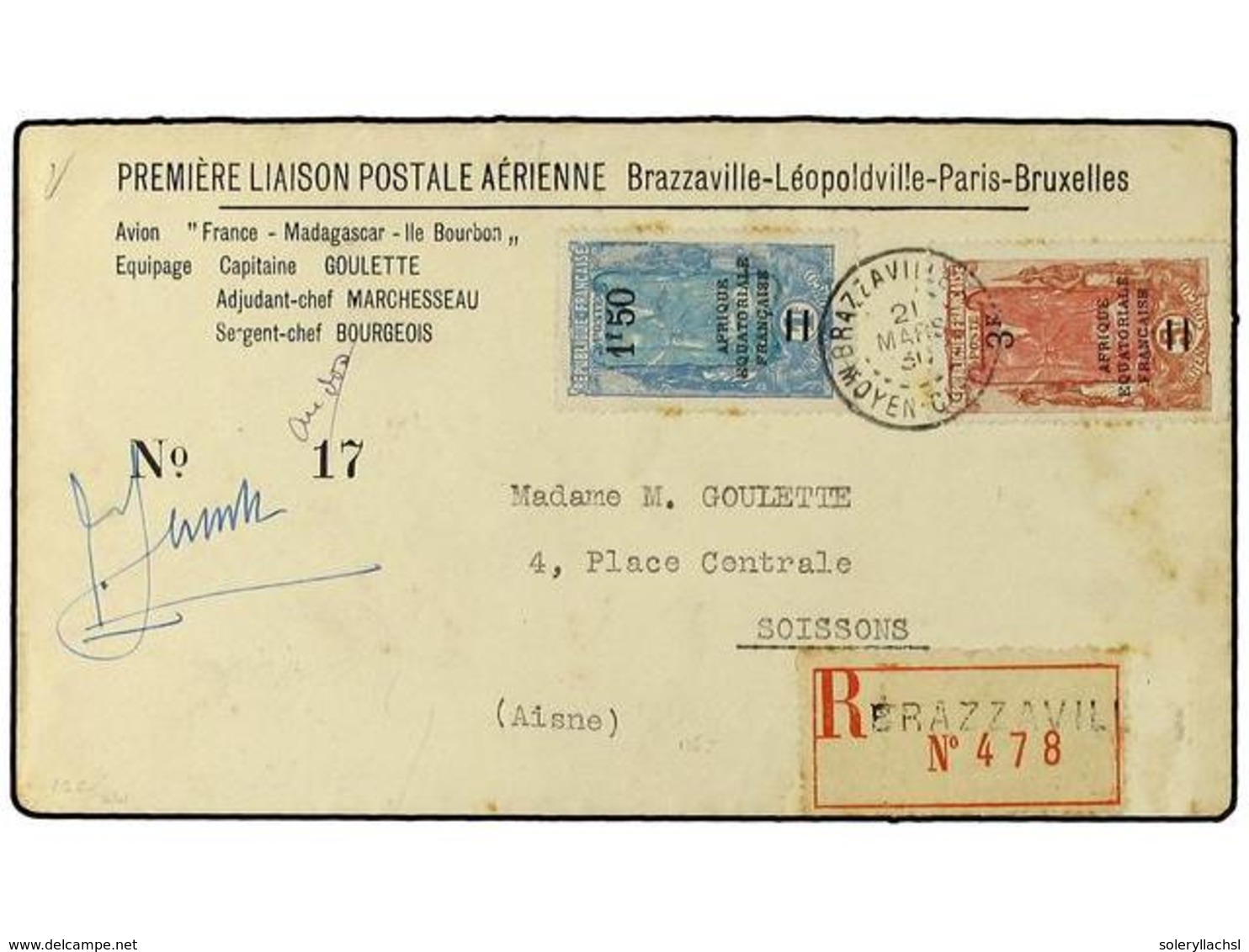 CONGO FRANCES. 1930 (21-III). CORREO AEREO.  AIR MAIL.  BRAZAVILLE A PARIS. Primer Vuelo, Firma Manuscrita Del Piloto GO - Autres & Non Classés